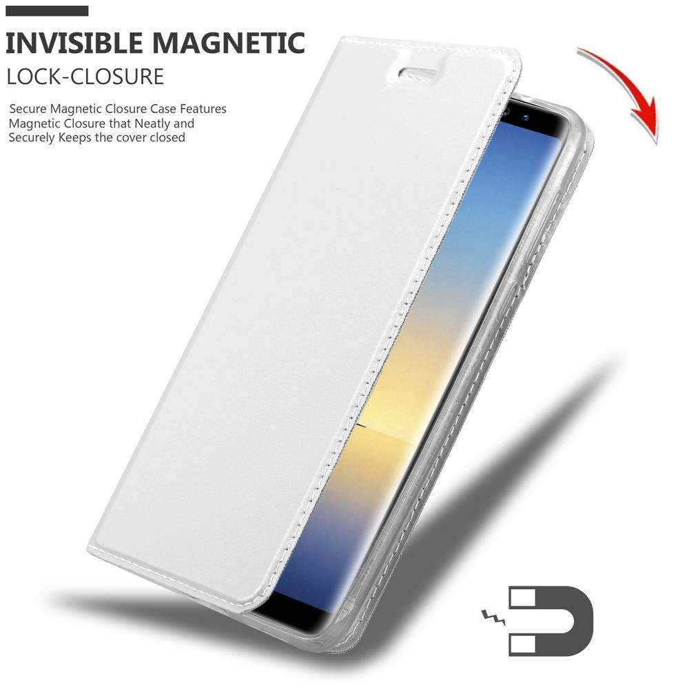 Weiße Handyhülle geöffnet, mit Telefon im Inneren. Zeigt einen Magnetverschluss.