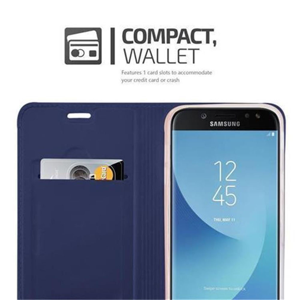 Blaues Handy-Etui mit Kartenfach, Samsung-Handy und Text.