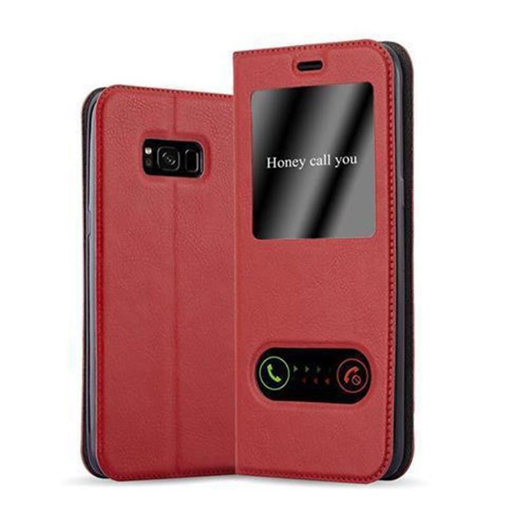 Funda de teléfono roja abierta, mostrando una pantalla que dice "Honey call you".