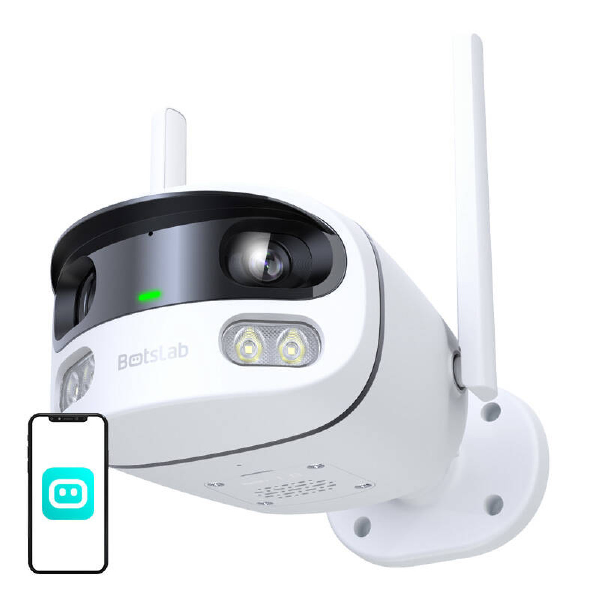 Een witte beveiligingscamera met twee antennes, een groen licht en een smartphone met een app.