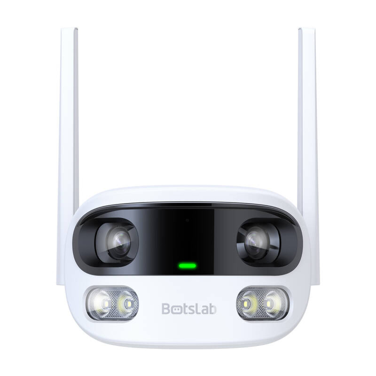 Witte router met antennes. Zwart voorpaneel en groen licht.