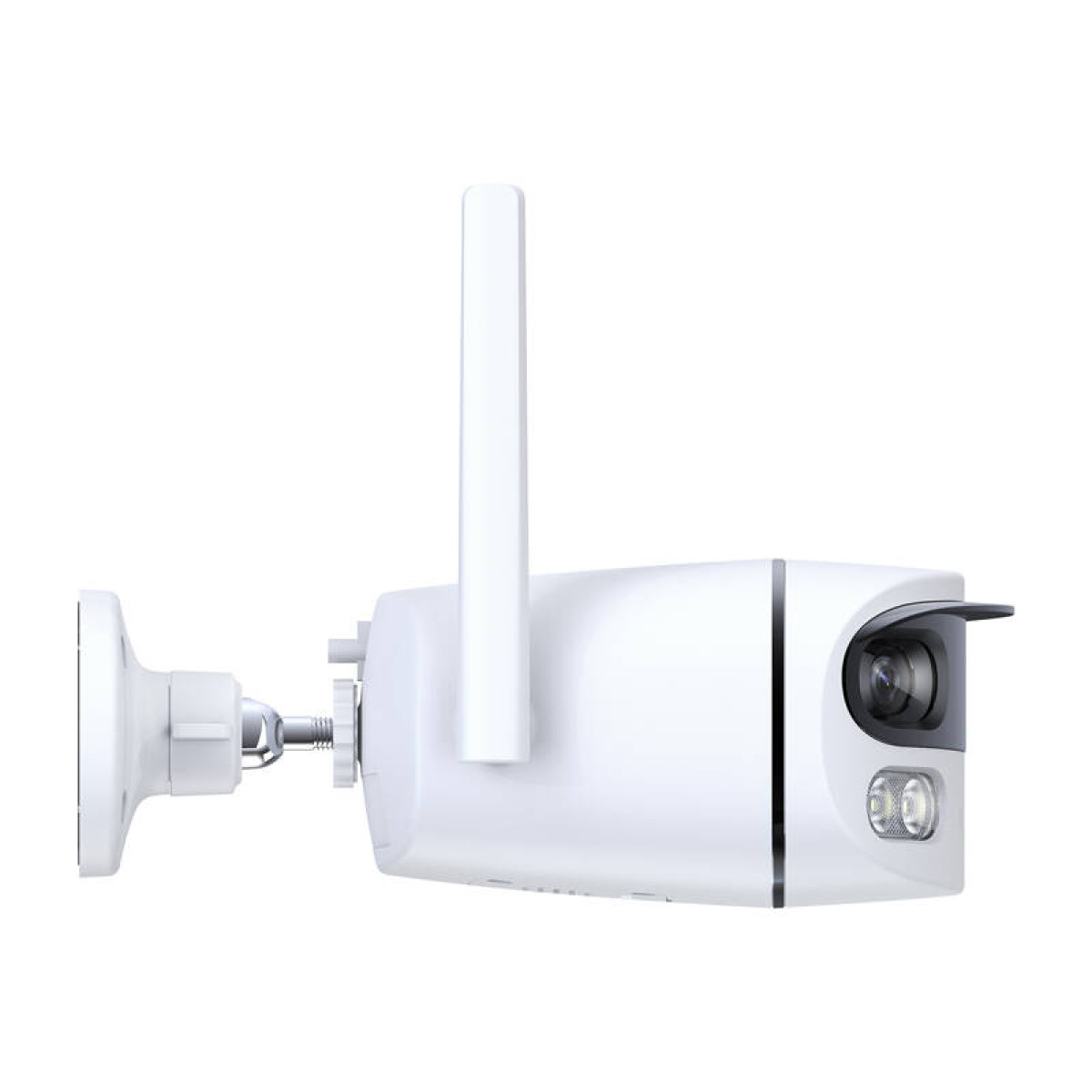 Een witte beveiligingscamera met antenne, aan een muur gemonteerd. De camera heeft een lens en lichten.