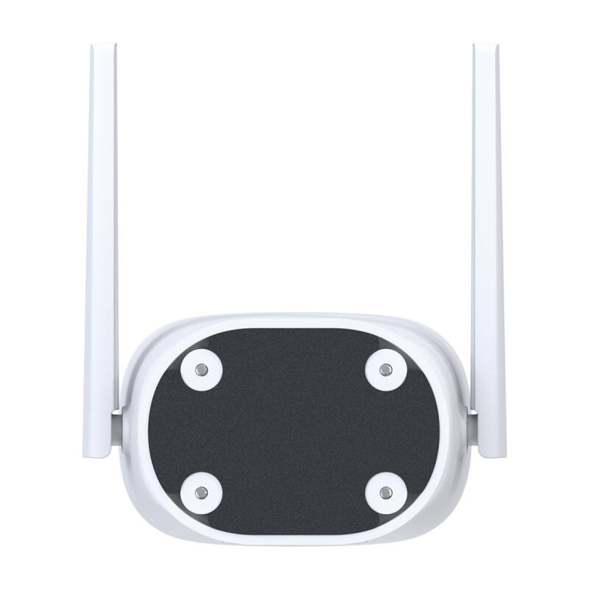 Witte wifi-router met twee antennes. Zwart midden, en vier kleine gaten. Witte achtergrond.