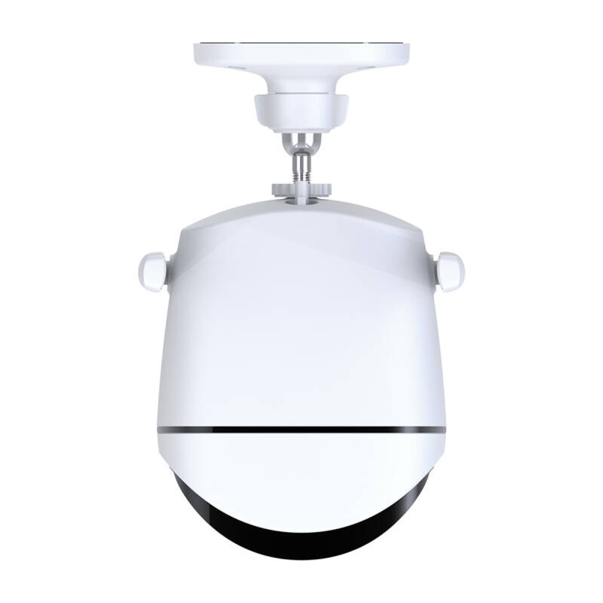 Een witte beveiligingscamera, gemonteerd aan een wit plafond. Het heeft een afgeronde vorm en een zwarte rand.