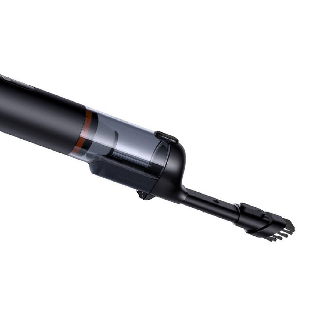 Black handheld vacuum cleaner, side view, with a transparent dust collector.
