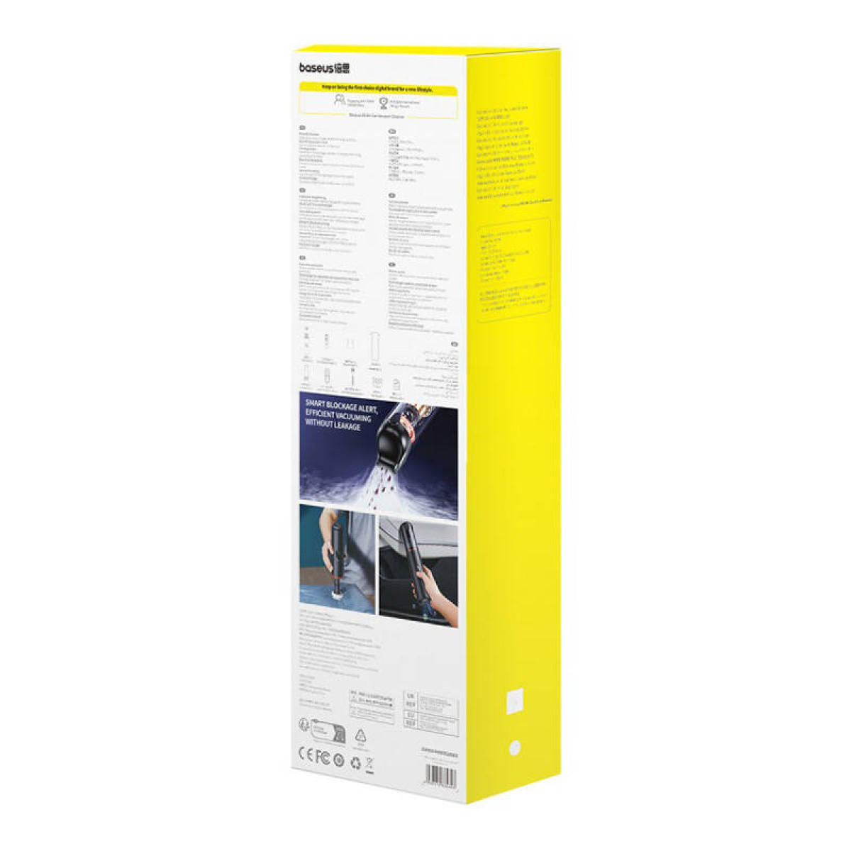 Gelbe und weiße Box mit Text und Bildern eines Staubsaugers.