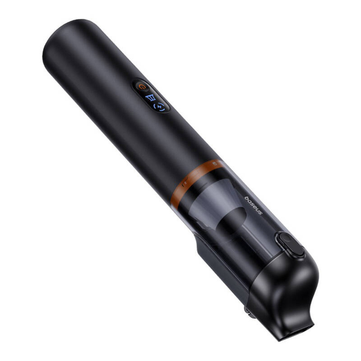 Black and brown handheld vacuum cleaner. It is cylindrical and has a transparent dust container.