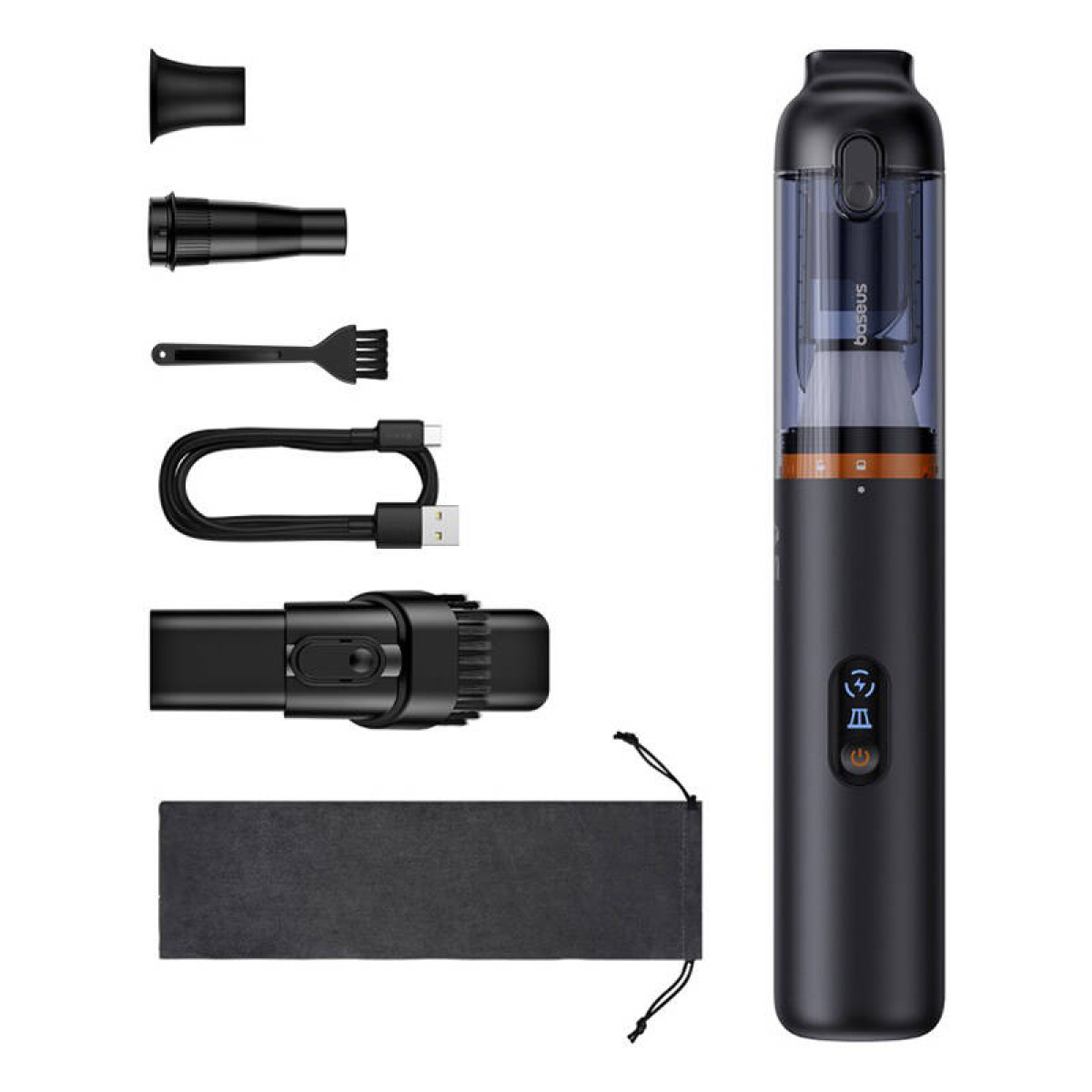 A black vacuum cleaner with attachments. The attachments are black. White background.