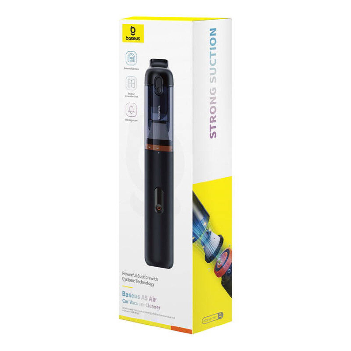 A car vacuum cleaner. The vacuum is black and gold, and comes in a white and blue box with Baseus branding.
