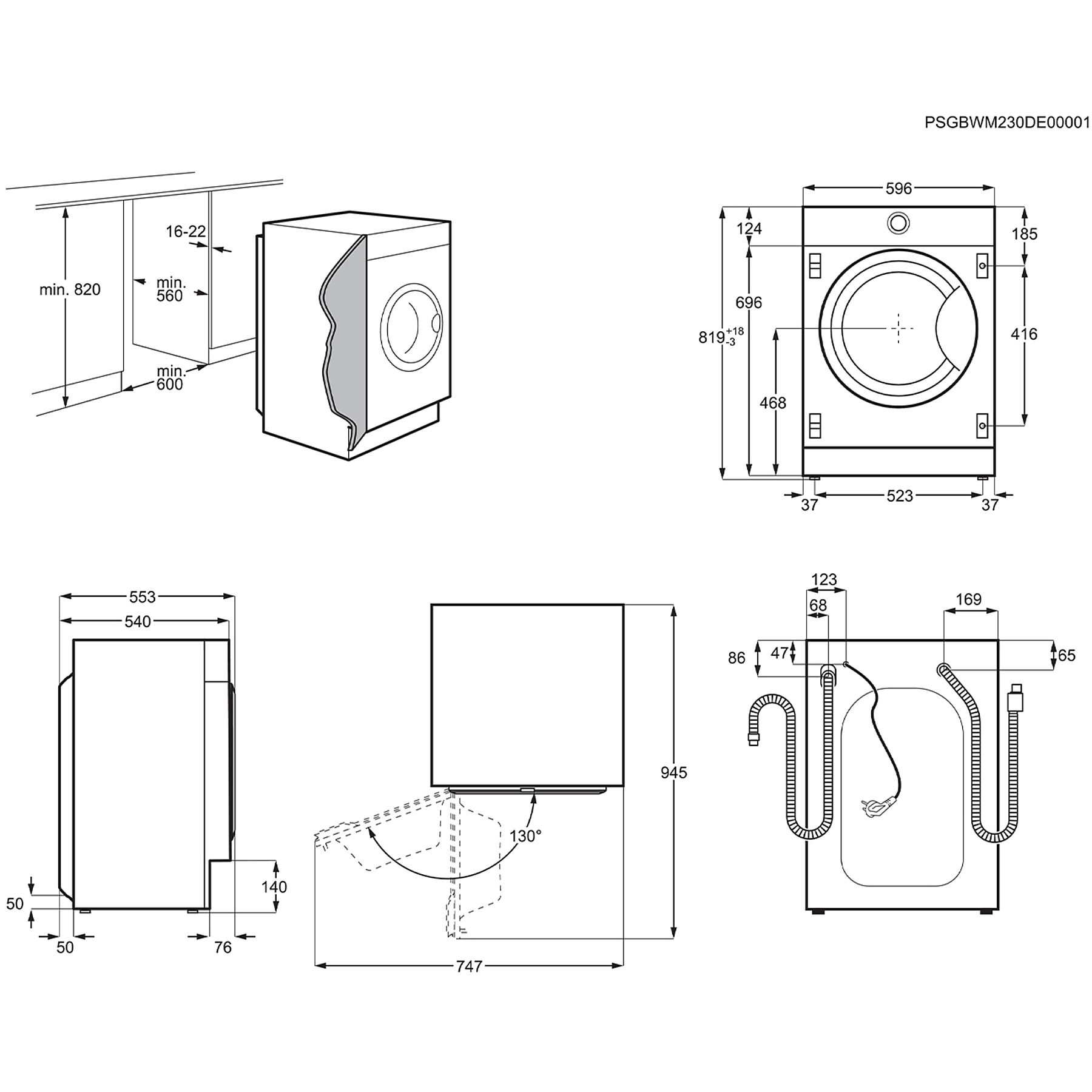 Diagramma di una lavatrice con dimensioni e dettagli tecnici.
