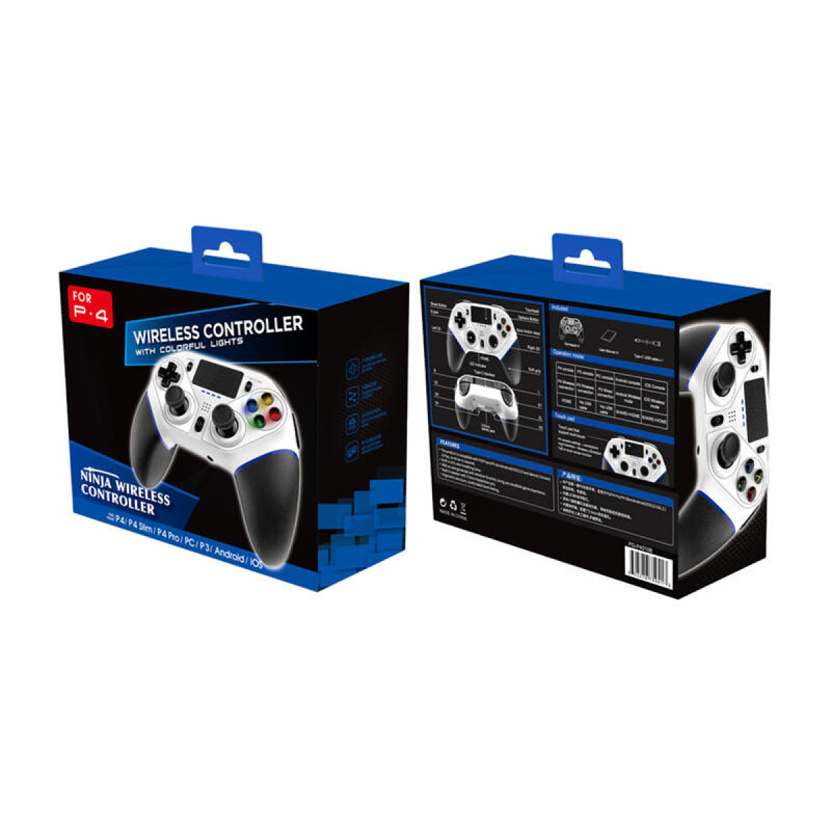 Gamecontroller-Box. Weißer Controller mit schwarzen Griffen und farbigen Tasten. Box zeigt Controller-Bilder und Funktionen.