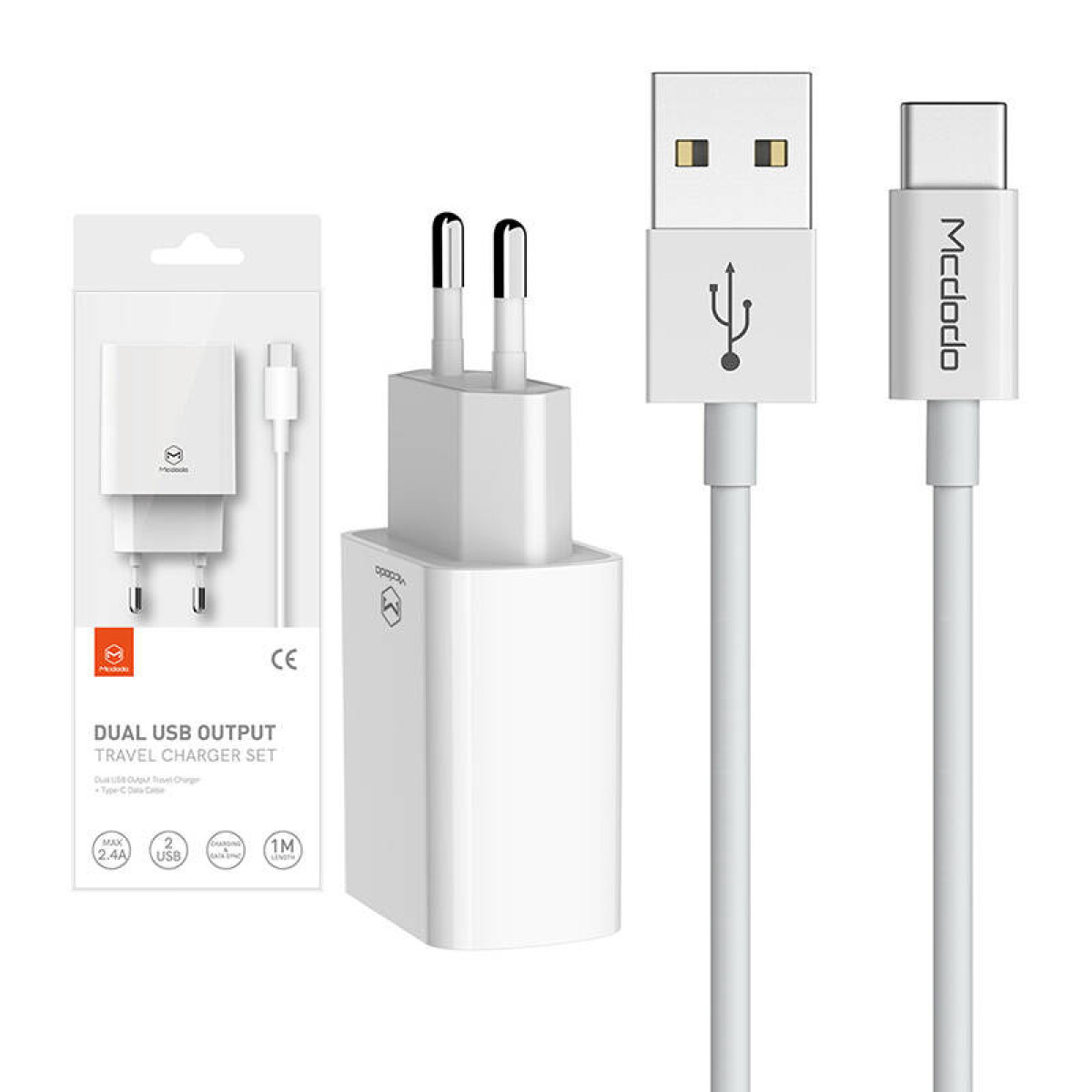 Weißes Ladegerät mit USB-Anschluss und USB-C-Kabel. Das Ladegerät ist in der Verpackung.