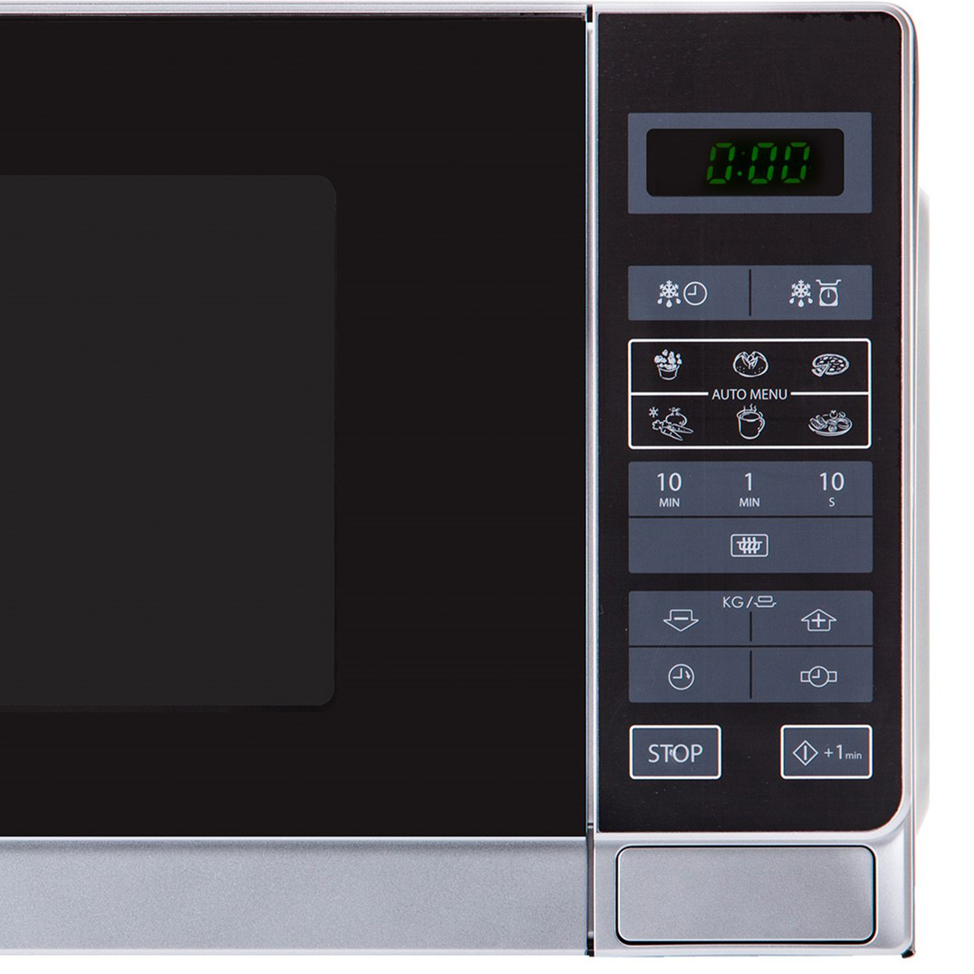 Panel sterowania kuchenki mikrofalowej. Posiada wyświetlacz cyfrowy, przyciski i srebrno-czarny design.
