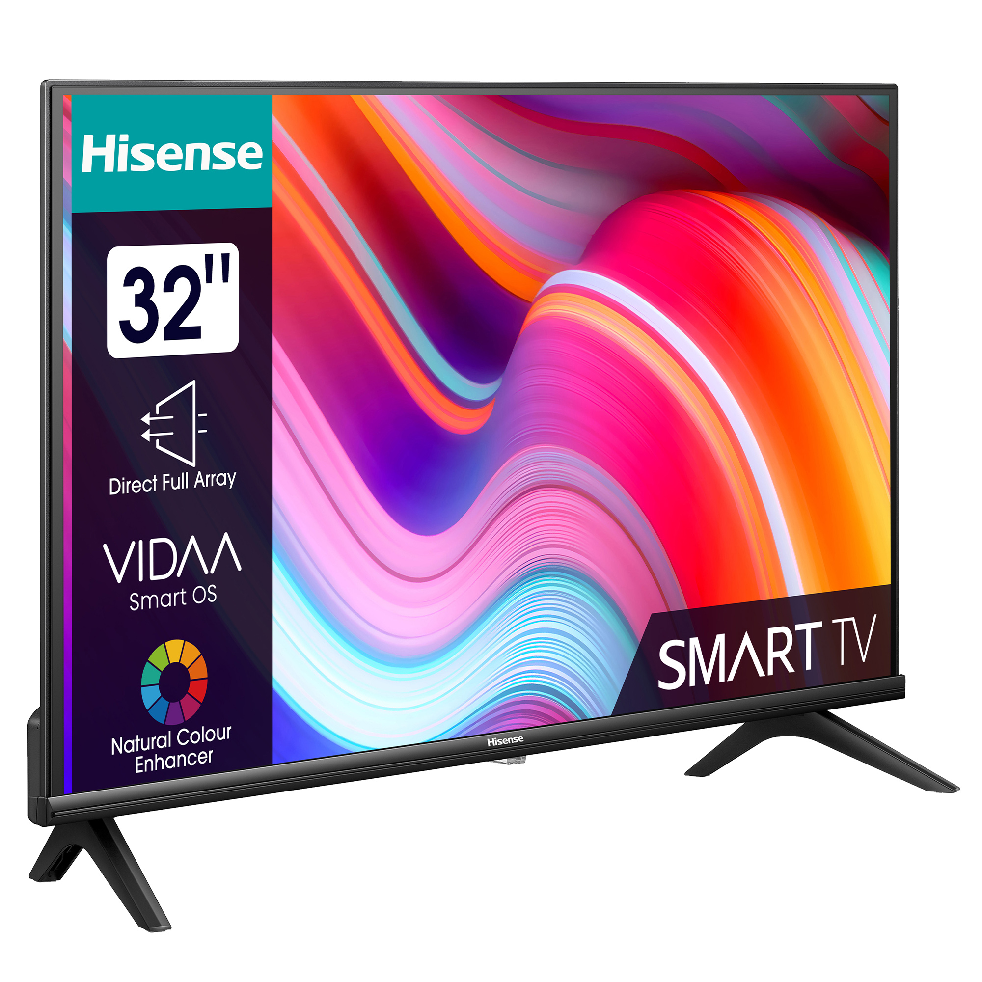 Telewizor Hisense 32 cale na białym tle, wyświetlający kolorową grafikę.