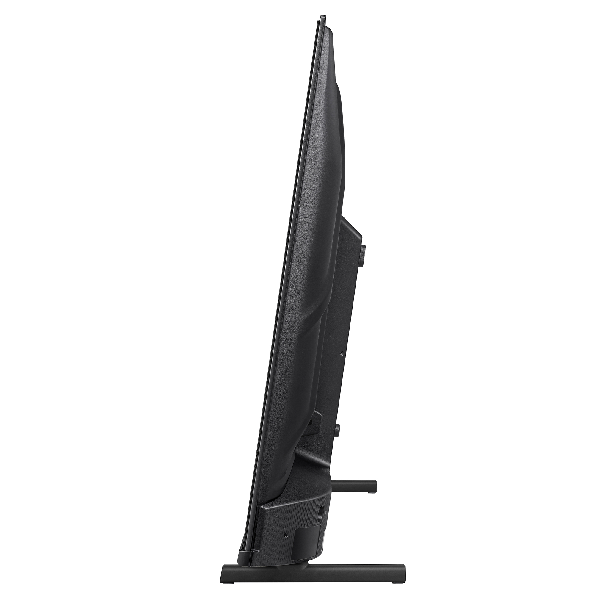 Widok z boku czarnego ekranu telewizora, na stojaku. Rama jest czarna i elegancka.