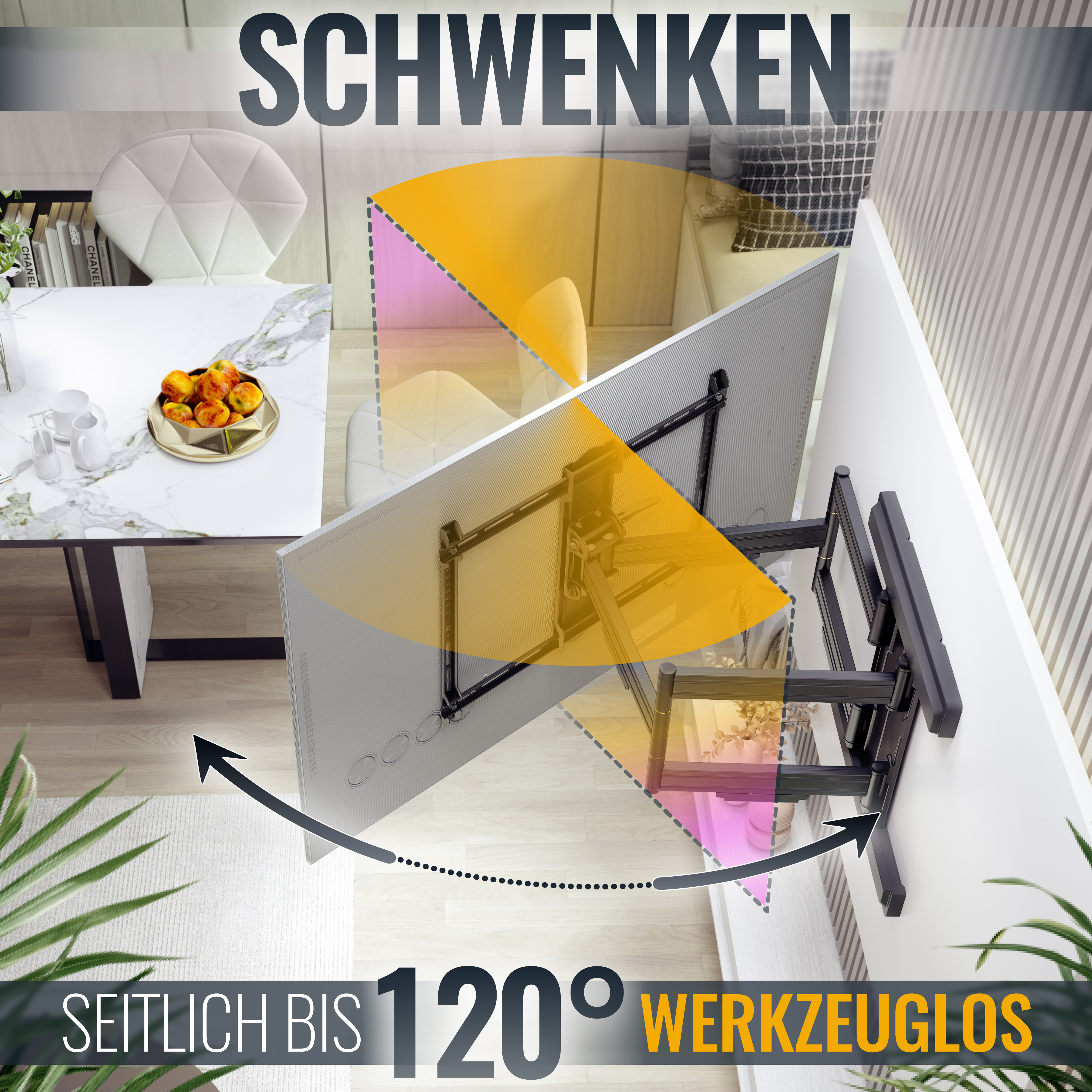 Ein Fernseher an der Wand montiert, mit einem gelben Bogen, der den Schwenkbereich zeigt. Text: SCHWENKEN.