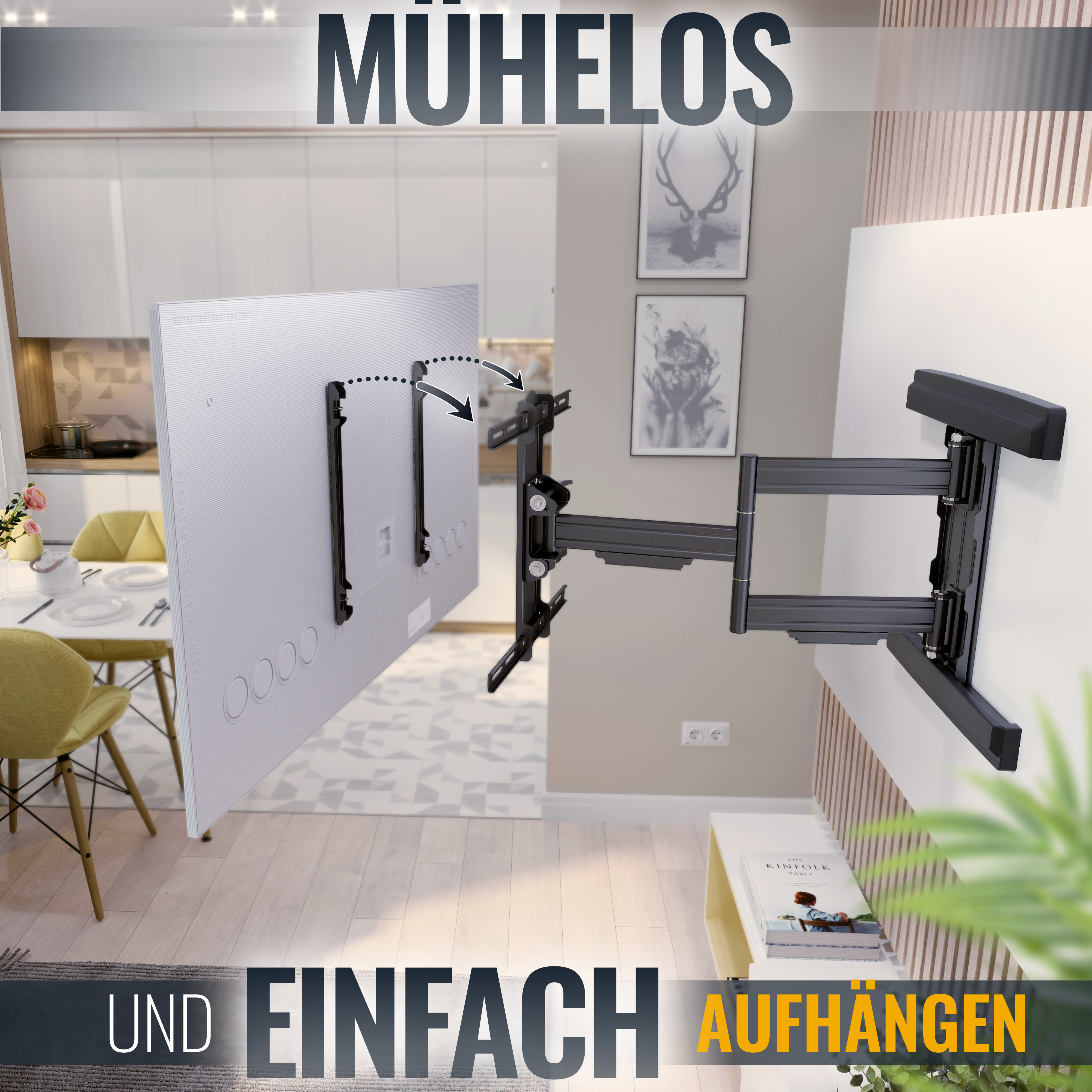Wohnzimmer mit einem an der Wand montierten Fernseher. Text: 'Mühelos und Einfach Aufhängen' (Einfach aufzuhängen).