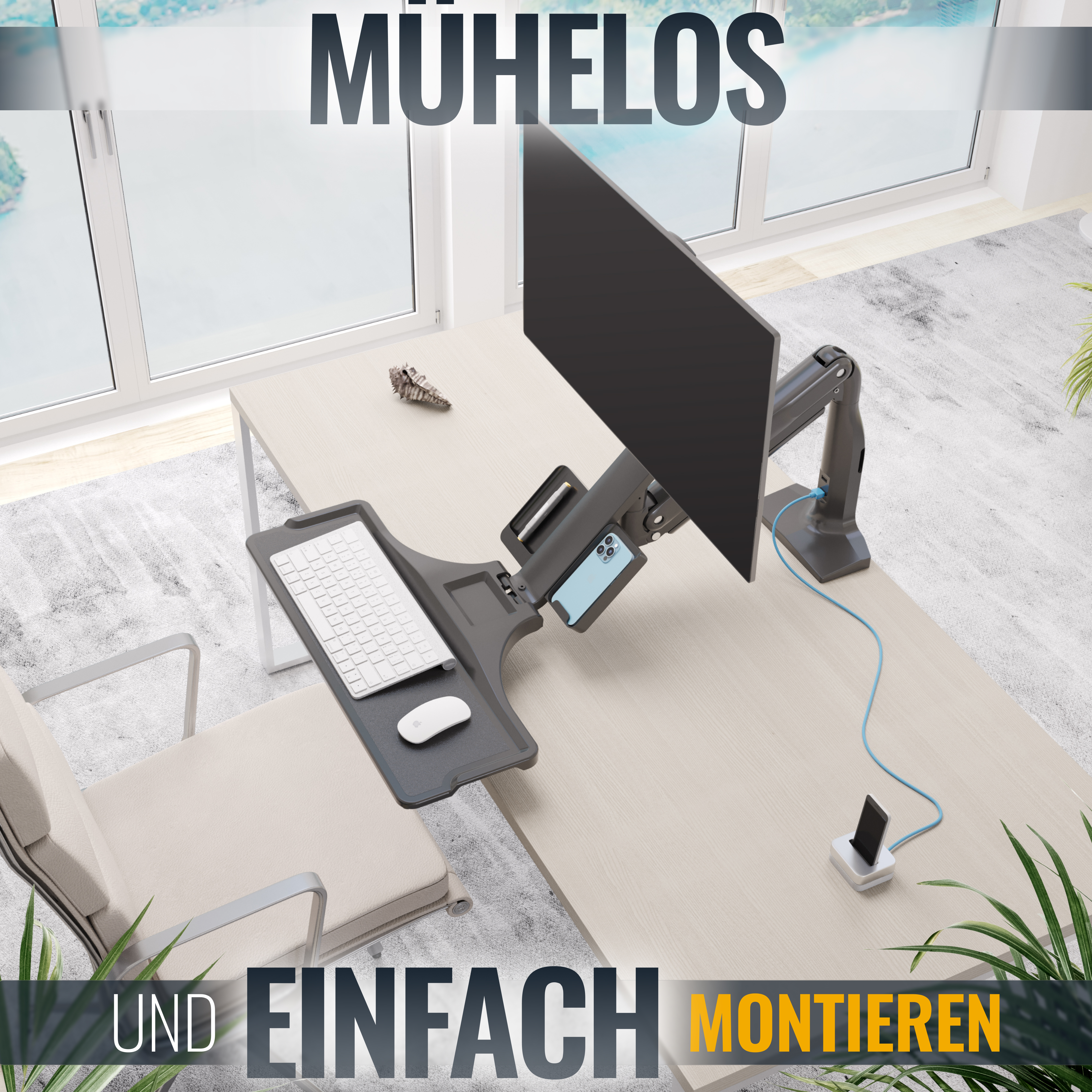 Arbeitsplatz-Setup mit Monitor und Tastaturablage; Text: 'Mühelos' und 'Montieren'.