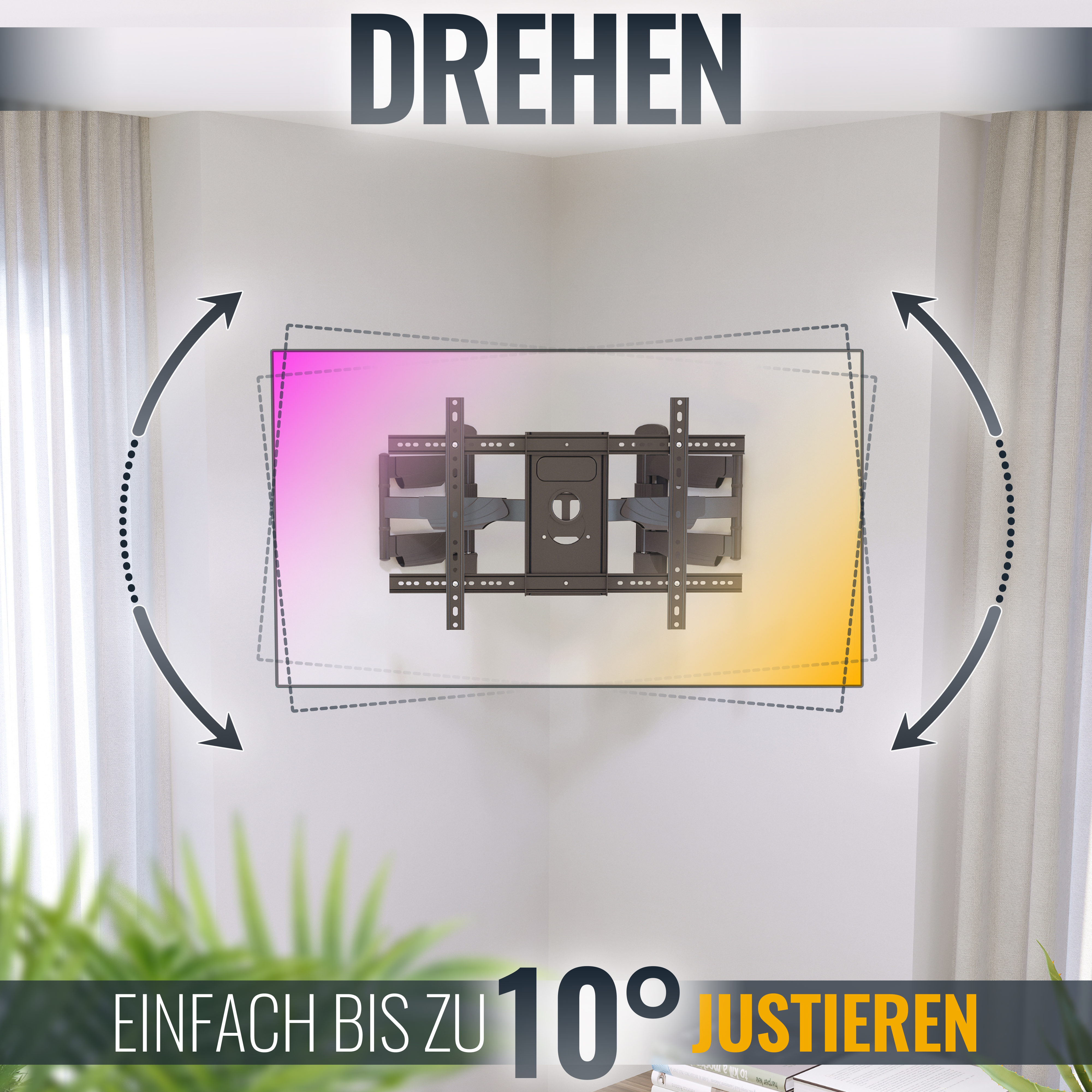 Eine Wand-TV mit Pfeilen, die die Drehung anzeigen. Text: "Einfach bis zu 10° justieren".