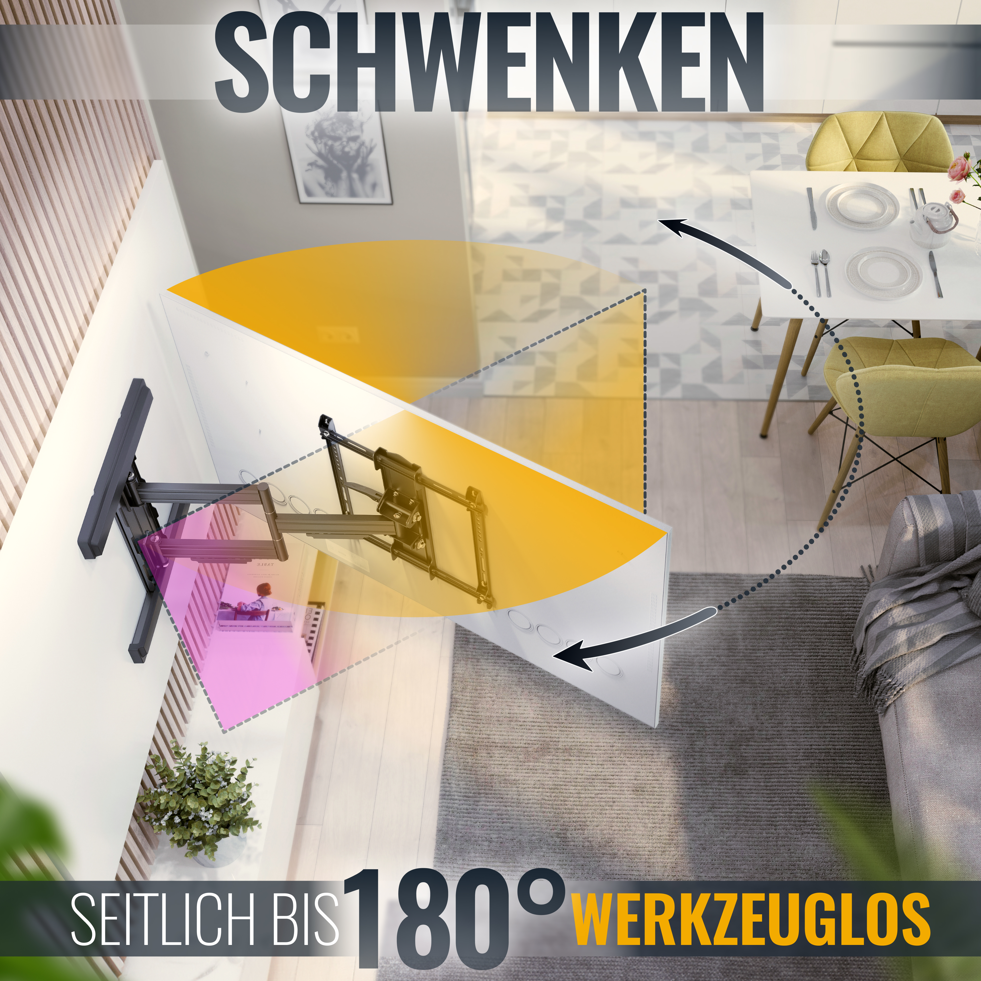 Wand-TV-Halterung. Der Fernseher ist an der Wand. Gelbe und rosa Bereiche zeigen den Bewegungsbereich.