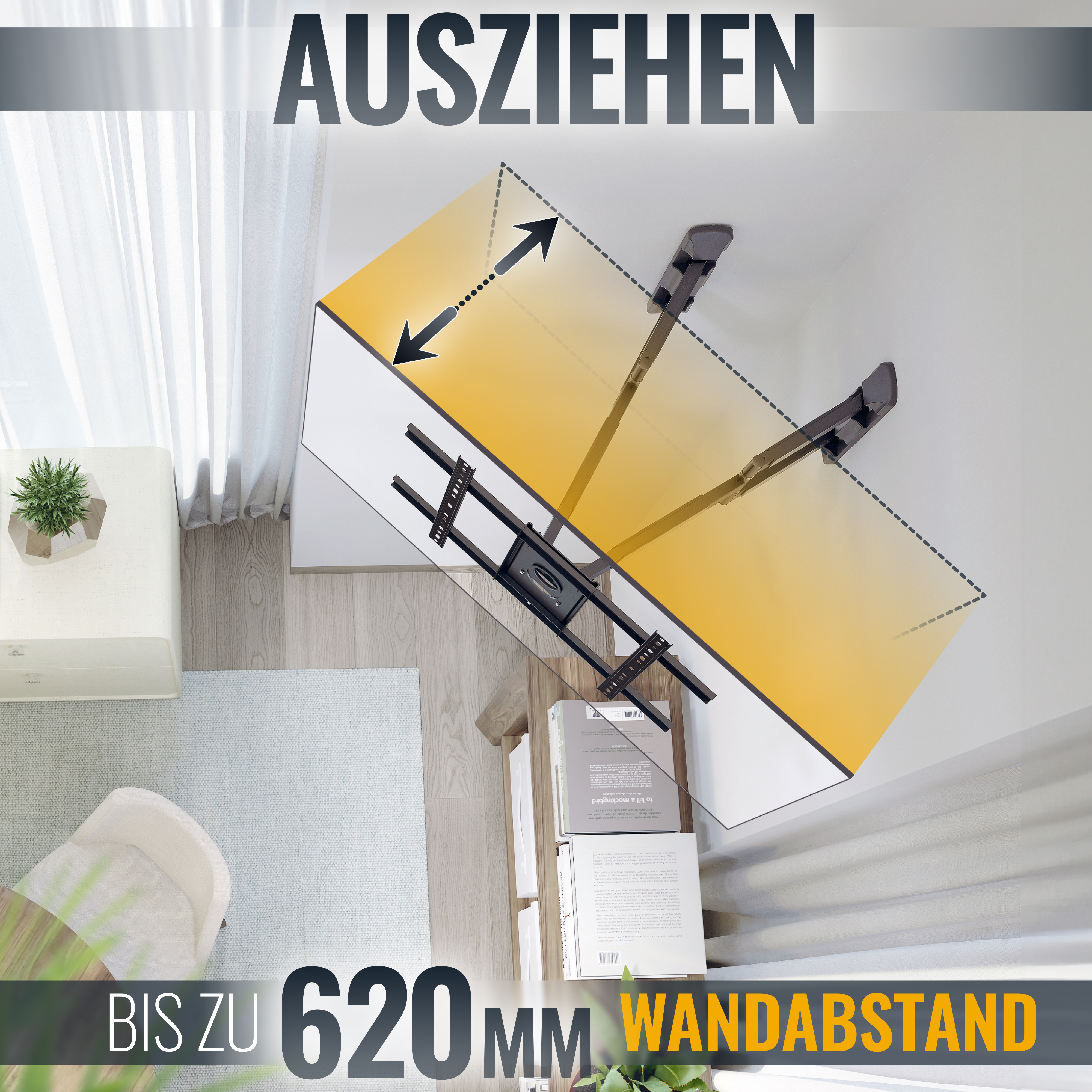 An der Wand montierter Fernseher, weißer Schrank, zeigt, wie weit er sich von der Wand erstreckt.