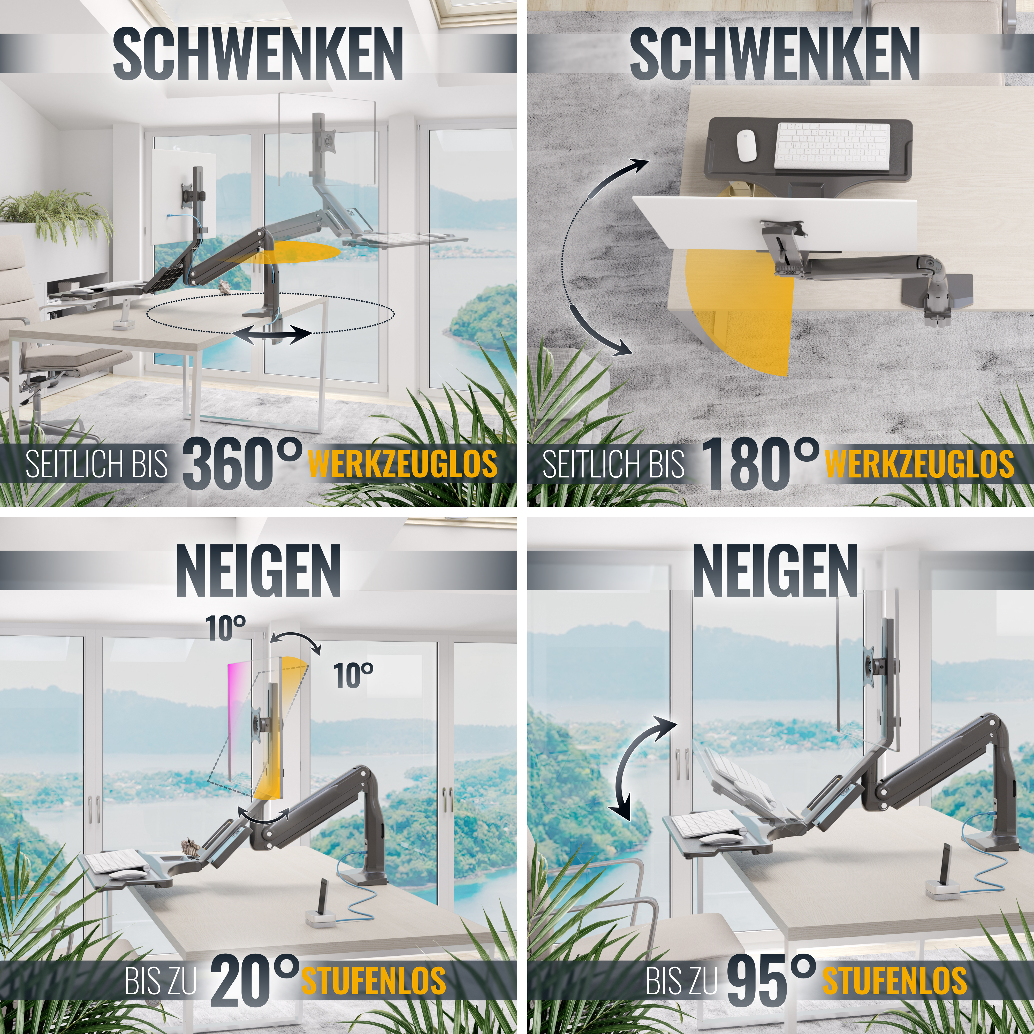 Bilder, die verschiedene verstellbare Schreibtischhalterungen zeigen. Die Halterungen können geschwenkt und geneigt werden.