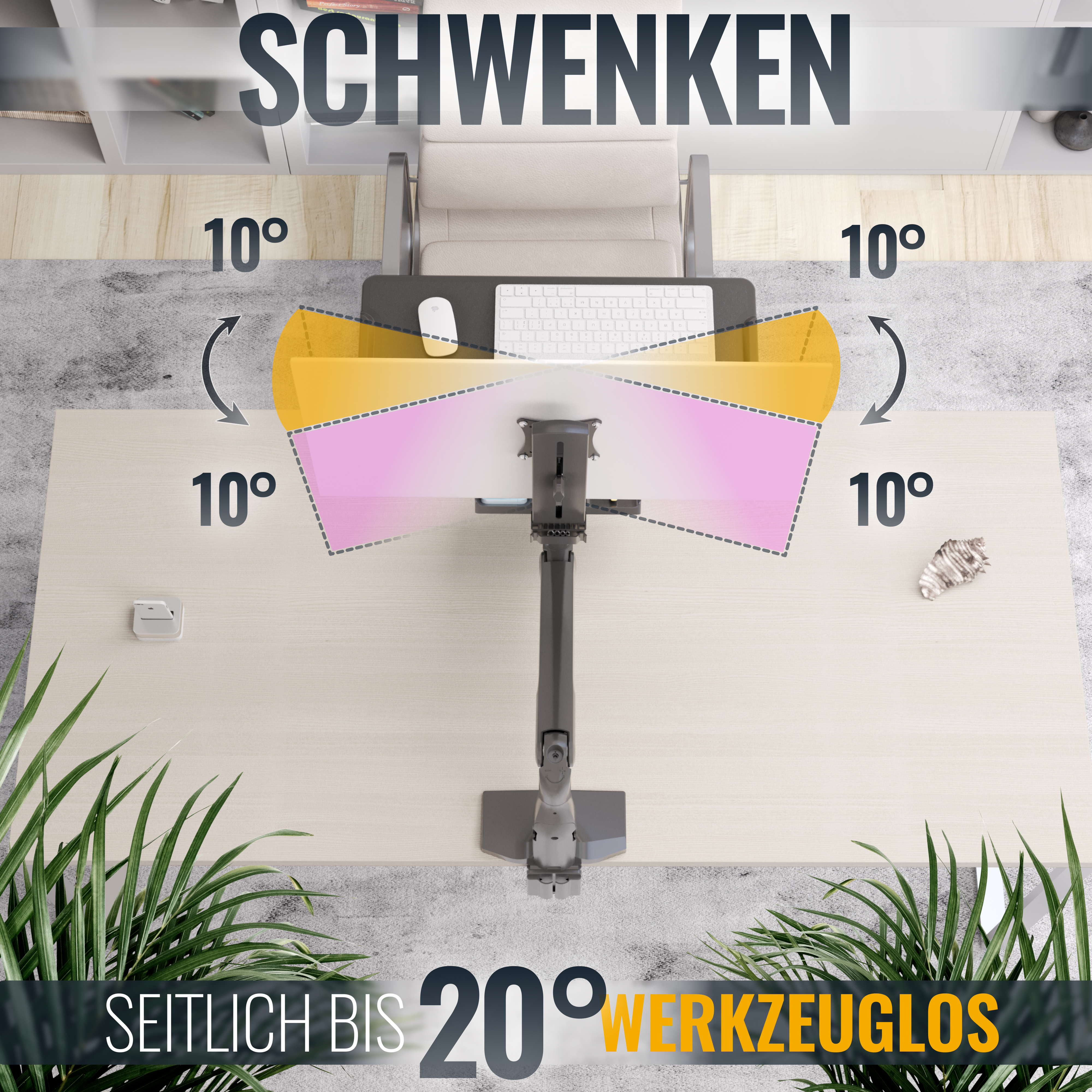 Draufsicht eines Schreibtisch-Setups mit Monitorarmen, 20 Grad Schwenkbereich.