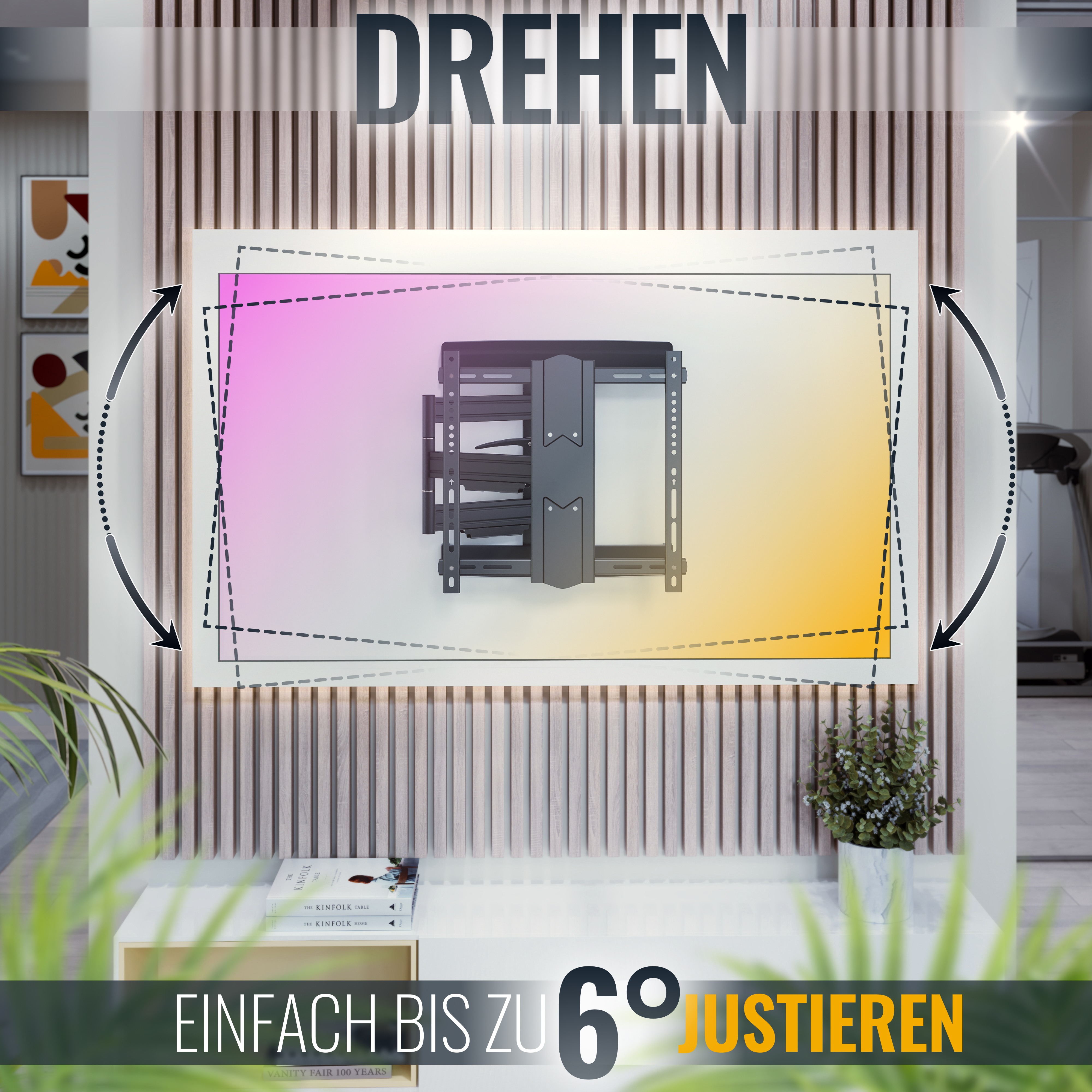 Ein Fernseher an einer Wandhalterung. Die Halterung ist verstellbar. Das Wort DREHEN steht oben. Der Text sagt, bis zu 6° einstellen.