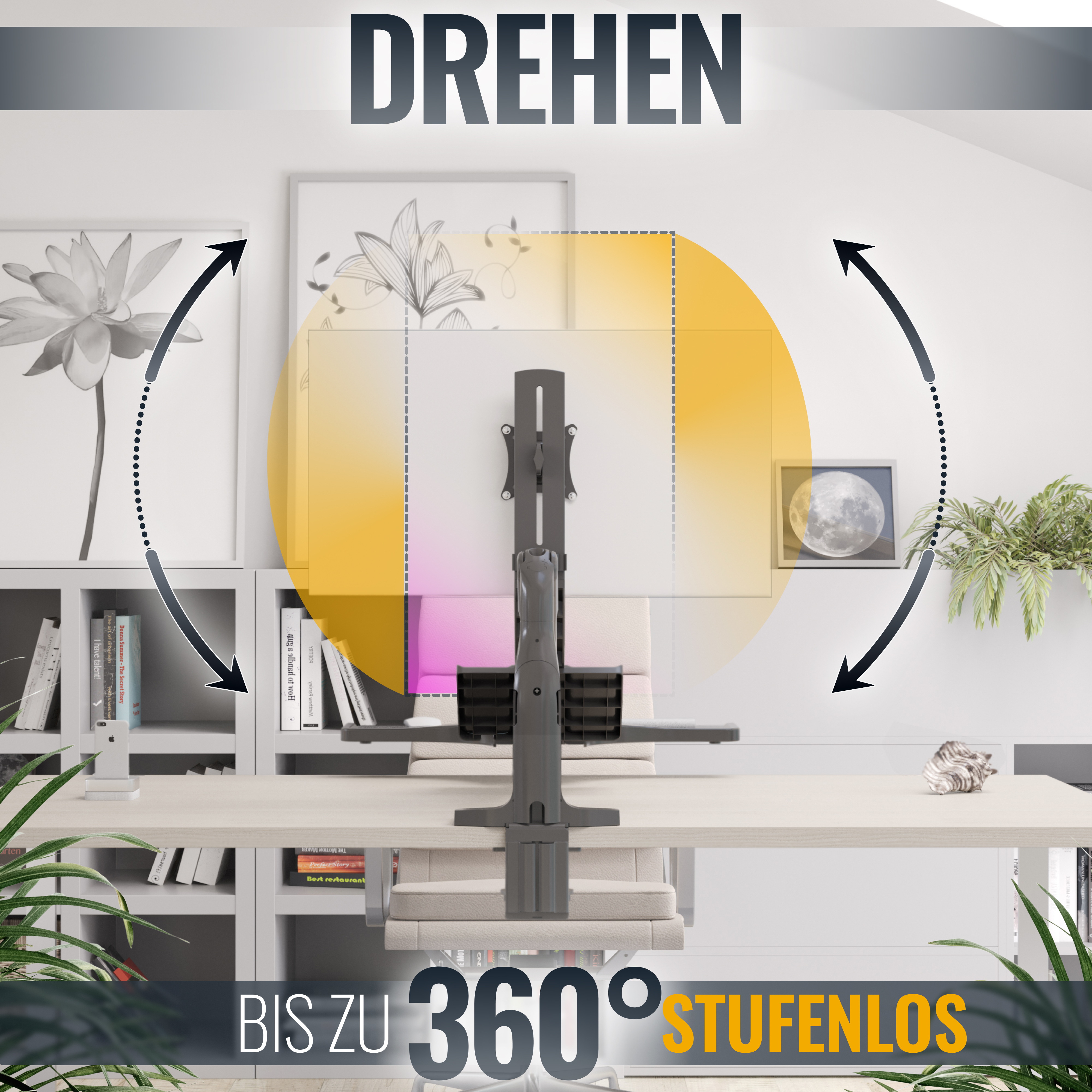 Monitorständer auf Schreibtisch mit Pfeilen, Text und Hintergrundszene.