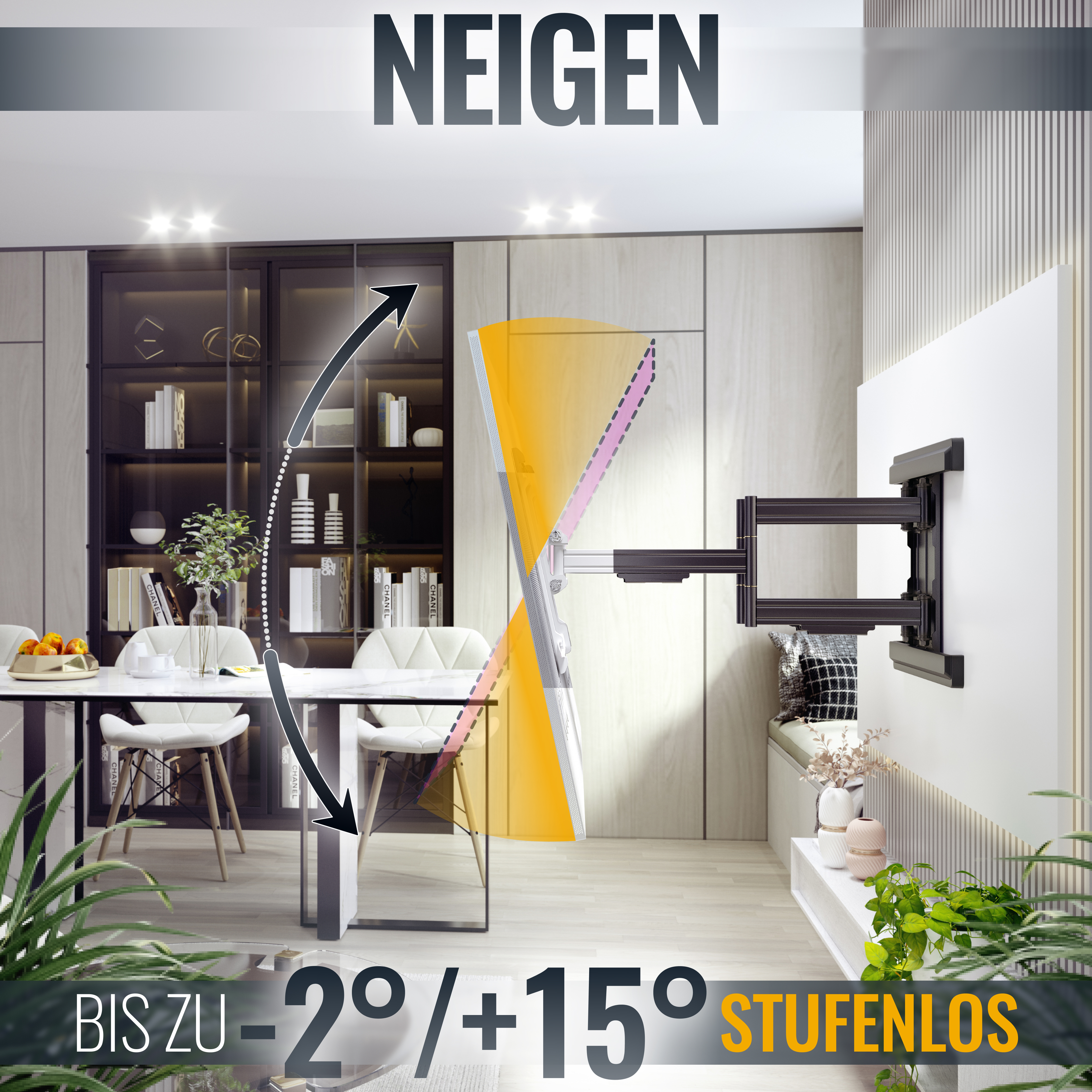TV-Wandhalterung mit Fernseher. Der Fernseher kann geneigt werden. Wohnzimmerhintergrund.