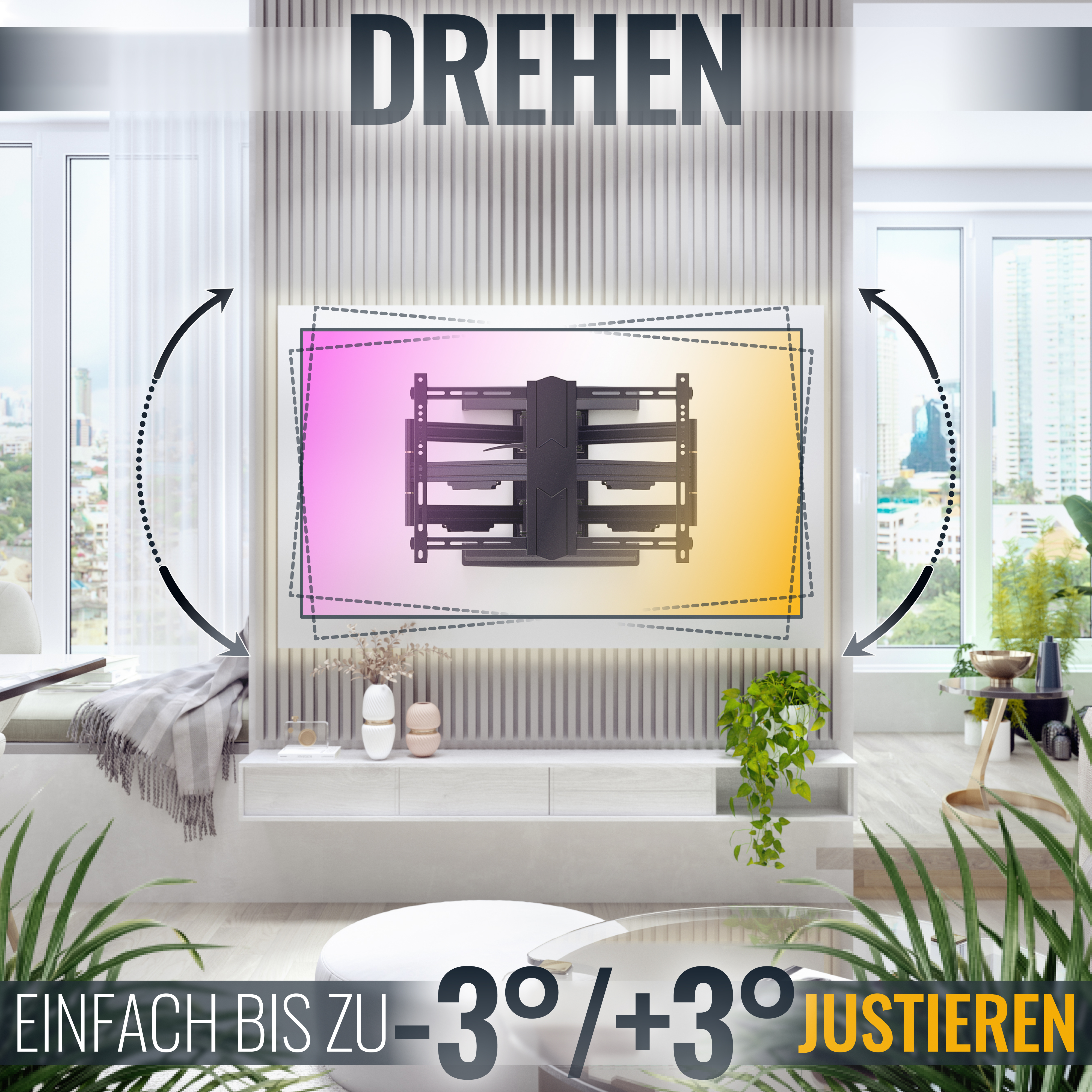 An der Wand montierter Fernseher mit Anleitung. Text auf Deutsch. Anweisungen zur Einstellung.