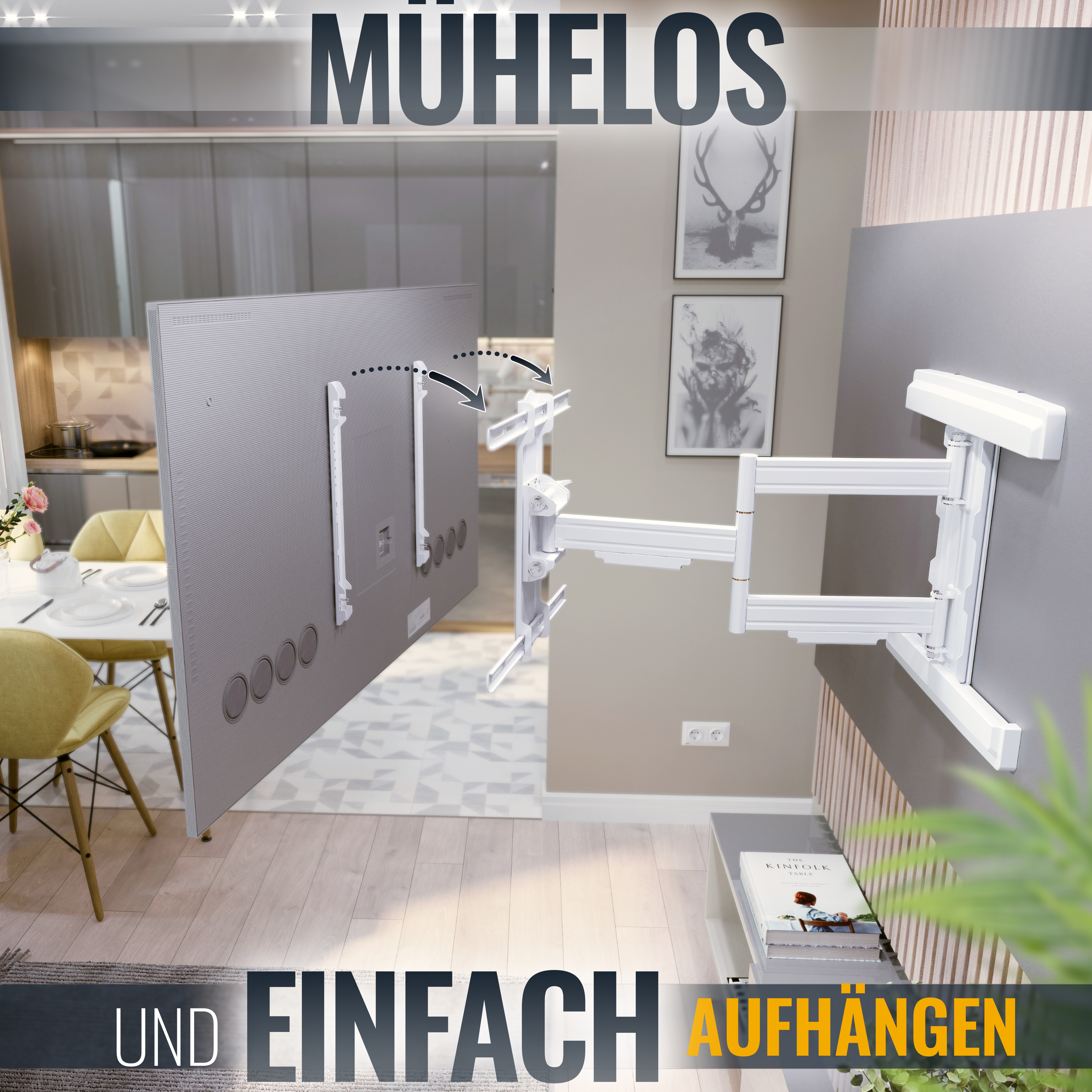 Ein an der Wand montierter Fernseher mit Halterung, mit einem Wohnzimmerinterieur mit Möbeln und Pflanzen.