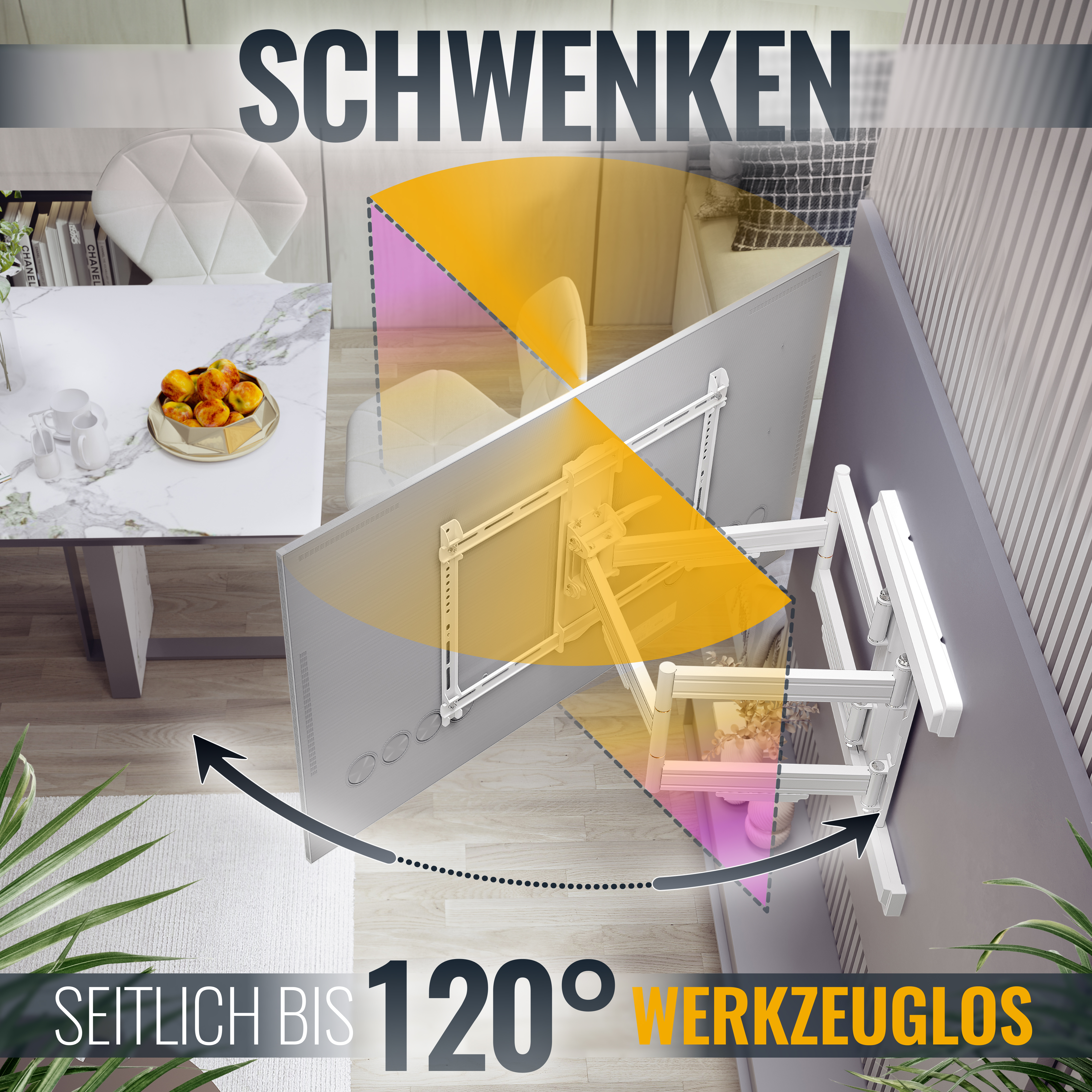 Ein Fernseher an einer Wandhalterung, mit Text, der eine 120-Grad-Schwenkbewegung anzeigt.