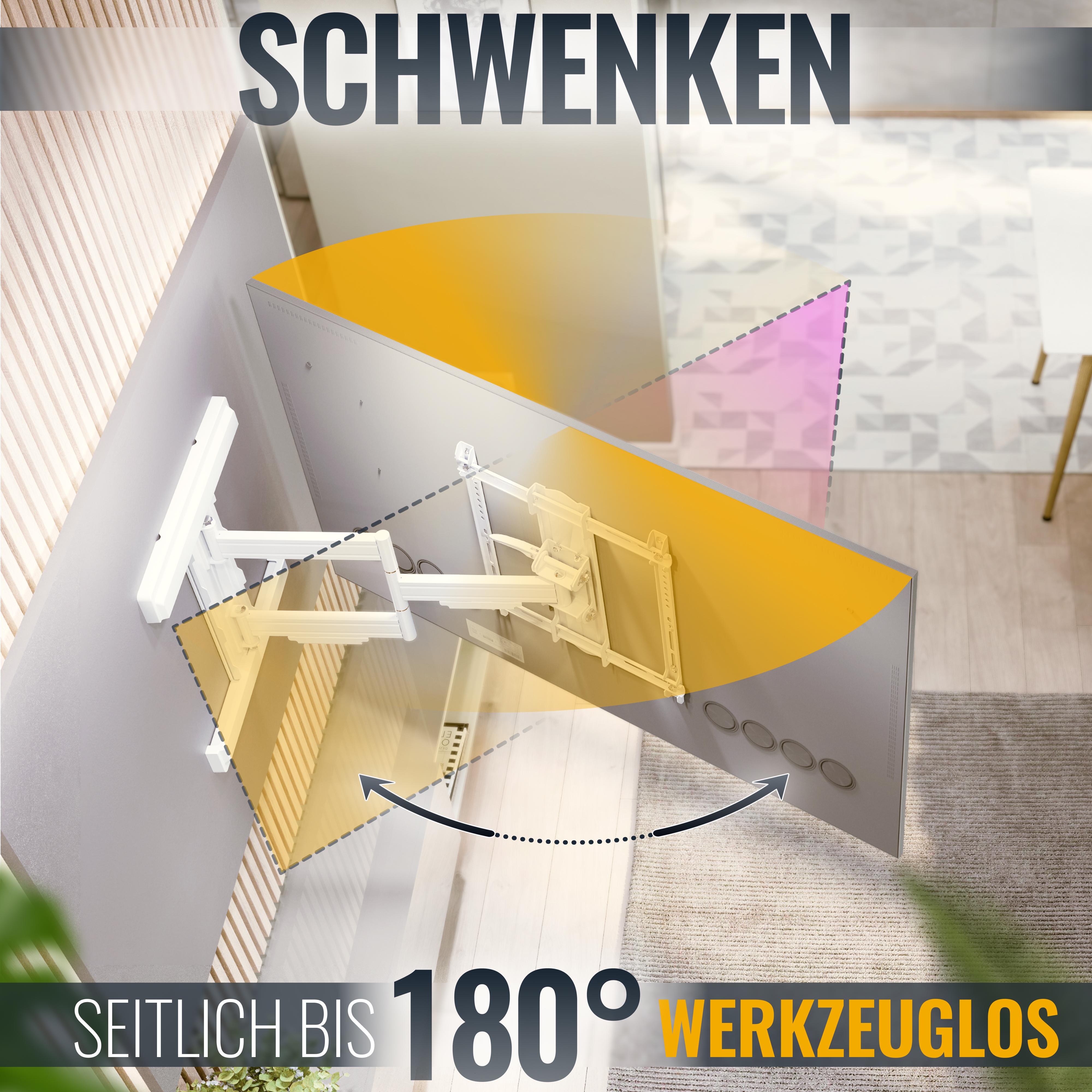 Ein Fernseher ist an einer Wandhalterung montiert, mit deutschem Text, der 180° Schwenken anzeigt.