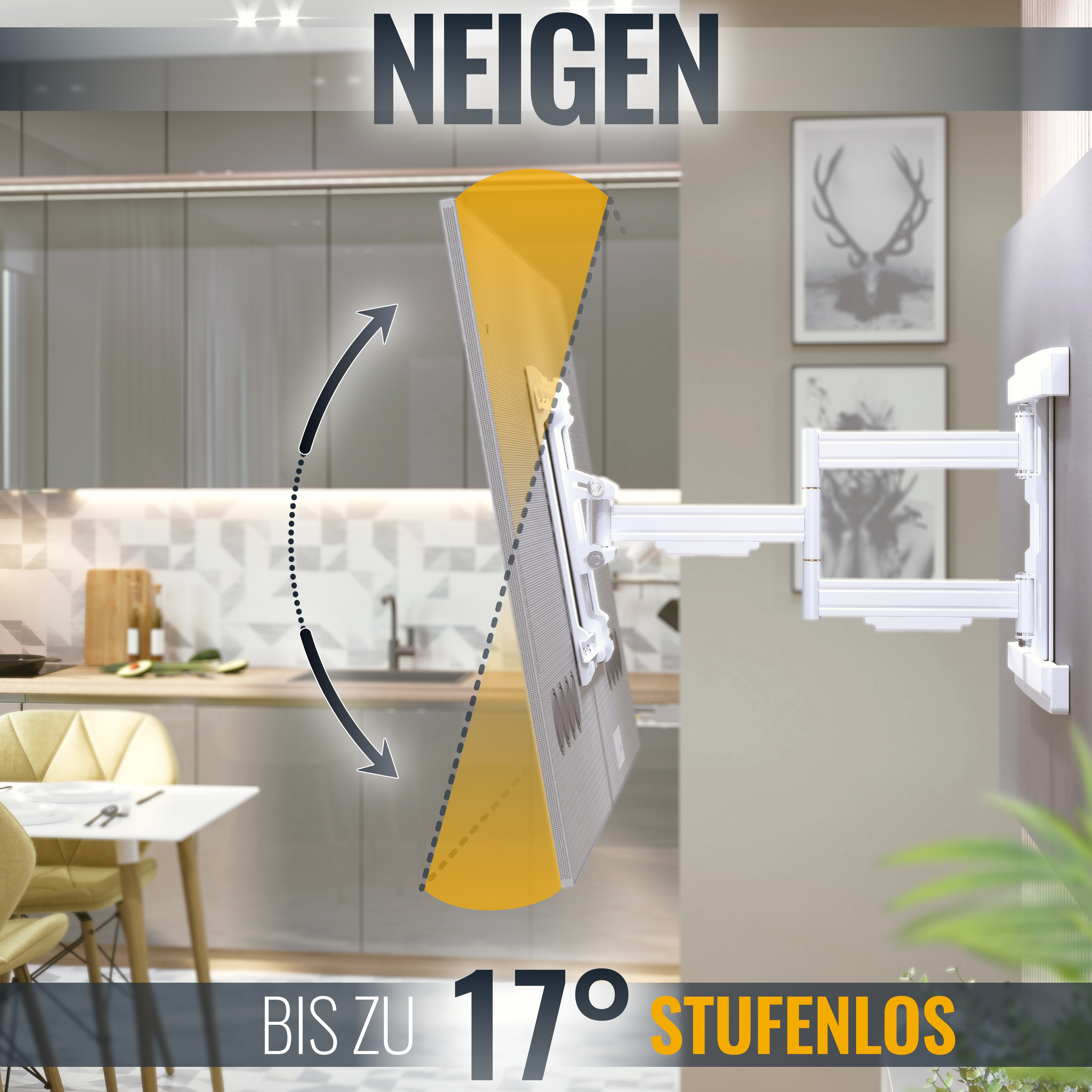 TV-Halterung an einer Wand, mit gelbem Fernseher und Text „NEIGEN“ und „17° STUFENLOS“.