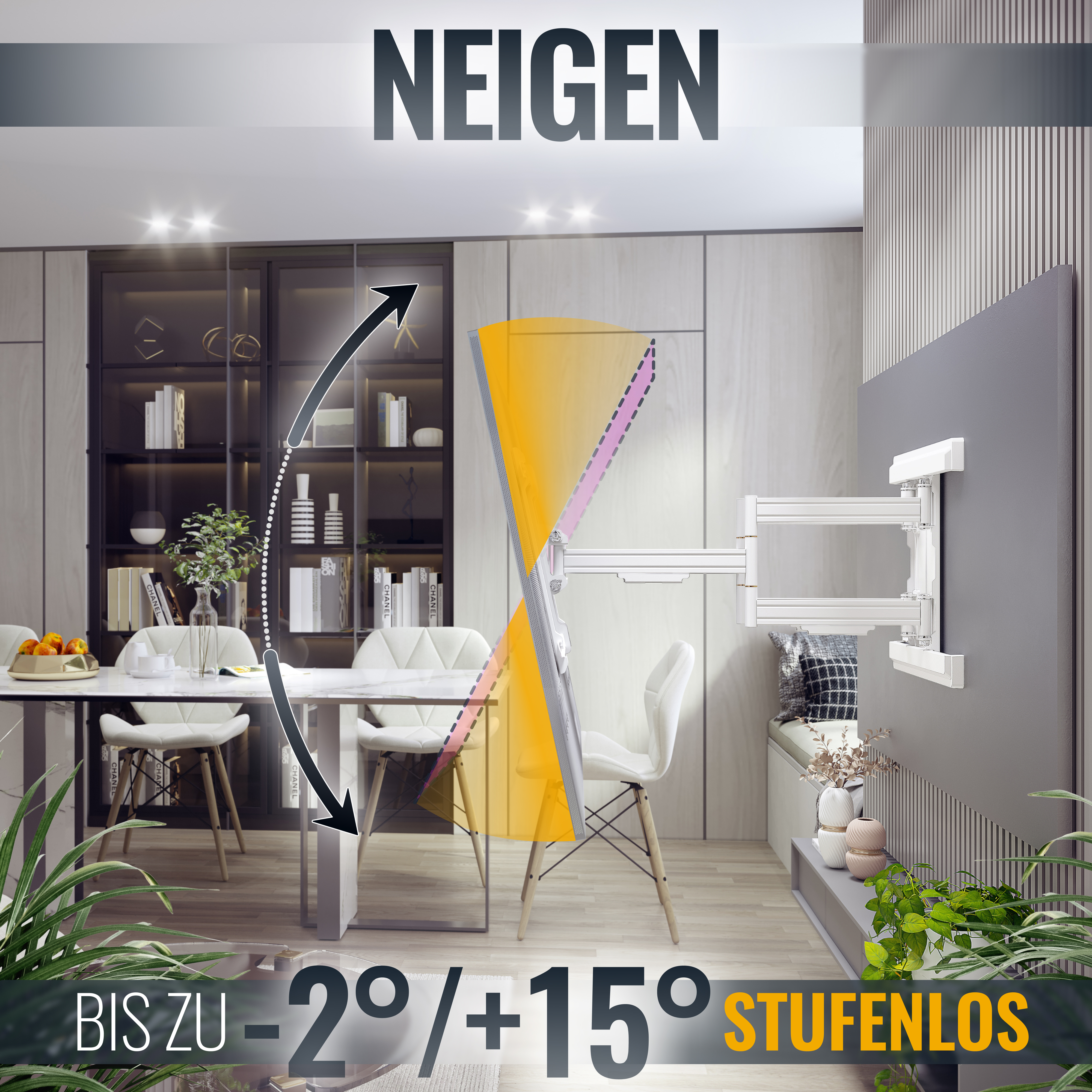 Eine TV-Wandhalterung mit einstellbarem Winkel, gezeigt in einem modernen Wohnzimmer.