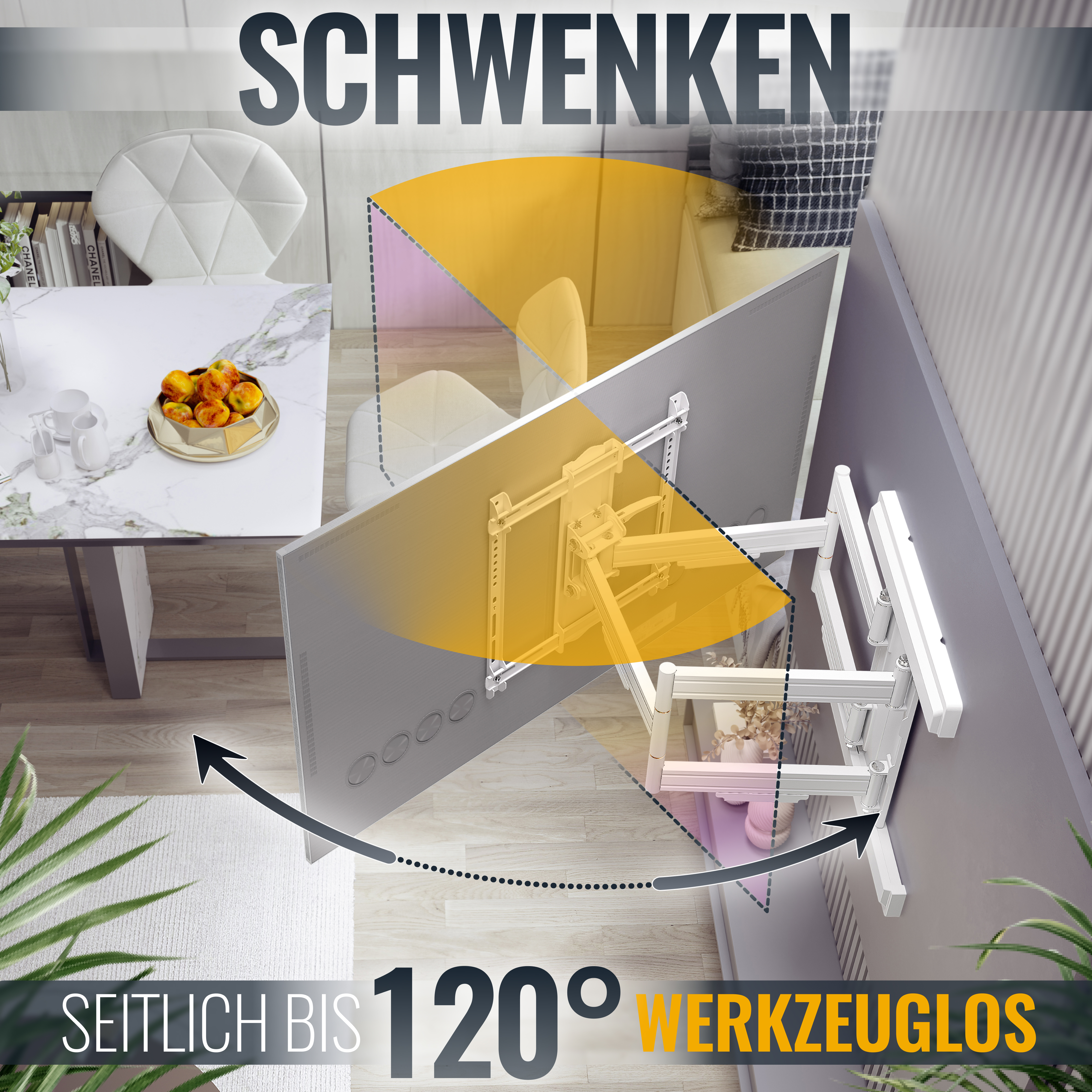Ein Fernseher an einer Wandhalterung. Die Halterung zeigt den Bewegungsbereich. Der Hintergrund ist ein Raum.