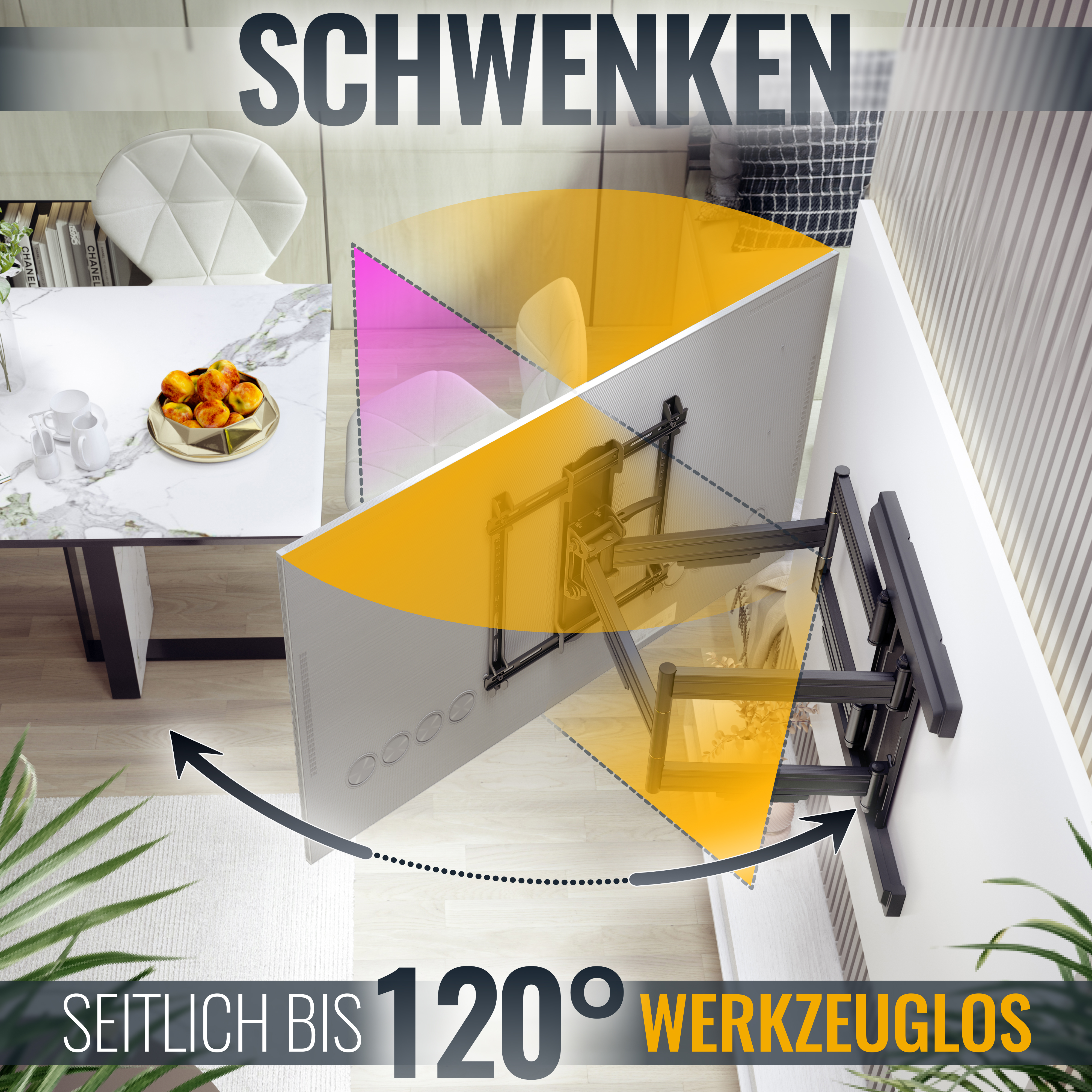TV-Halterung mit angeschlossenem Fernseher. Zeigt den Bewegungsbereich bis zu 120 Grad.