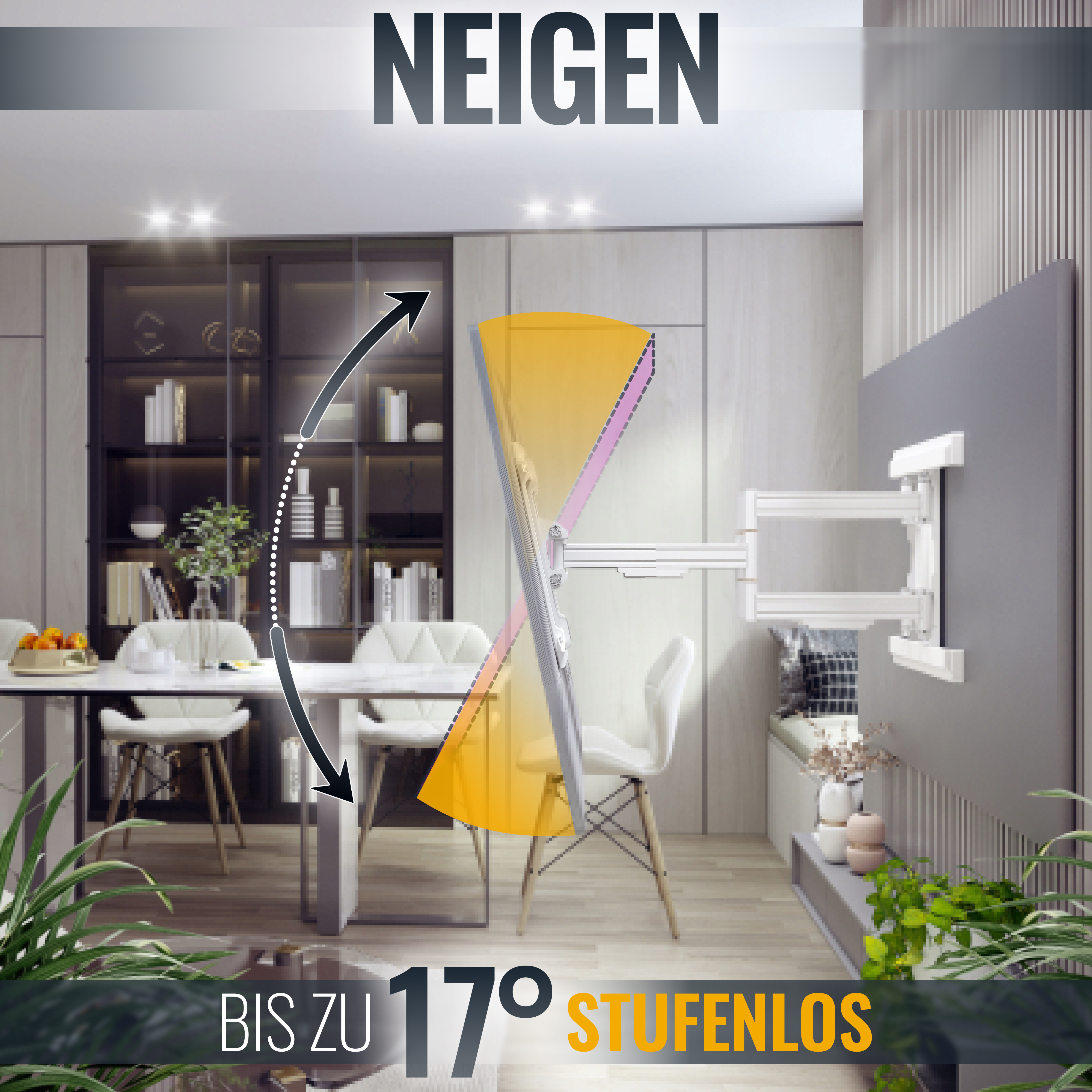 Ein an der Wand montierter Fernseher mit Schwenkarm. Innenraum mit Möbeln, zeigt den TV-Winkel.
