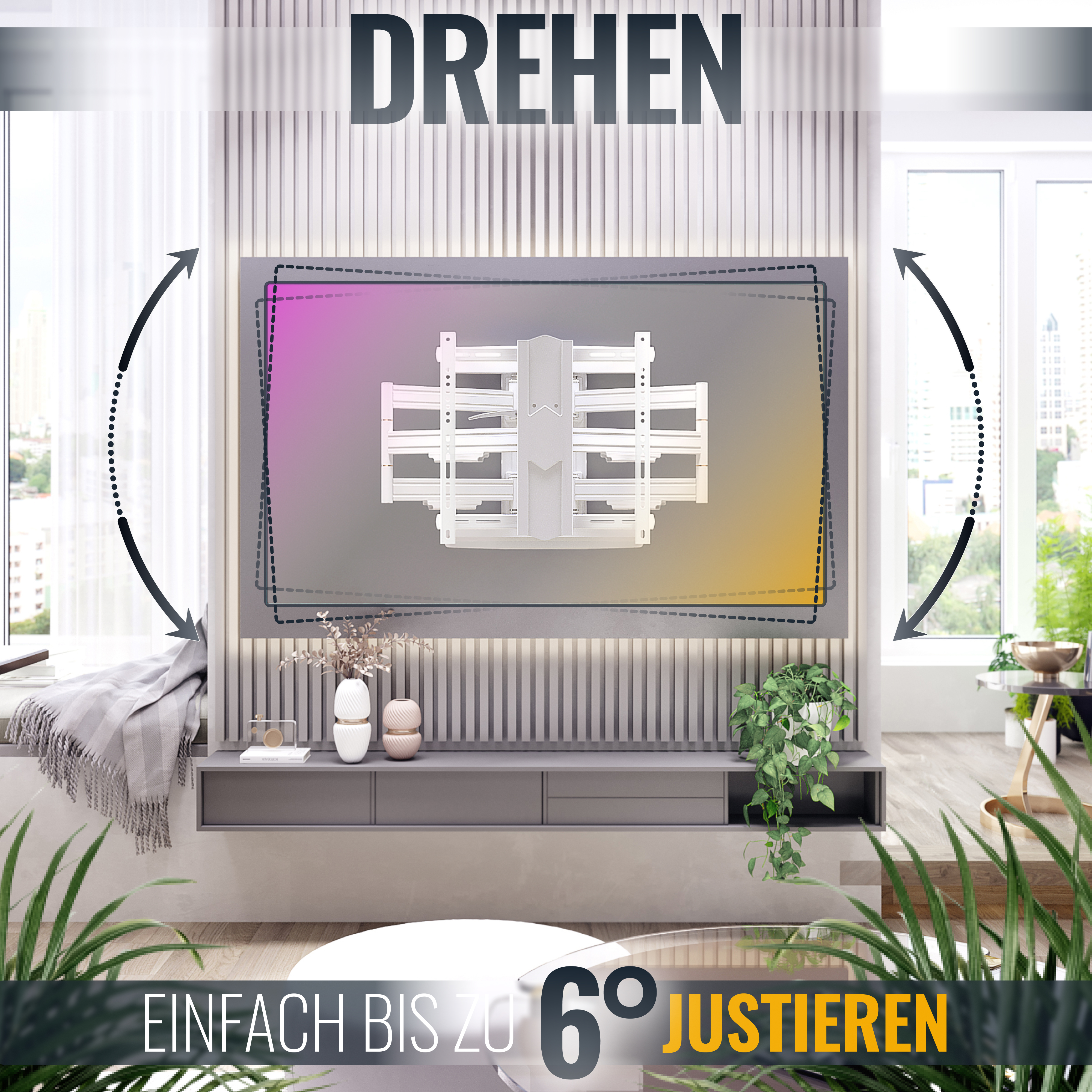 Fernseher an der Wand montiert. Der Fernseher kann bis zu 6 Grad verstellt werden. Wohnzimmer.