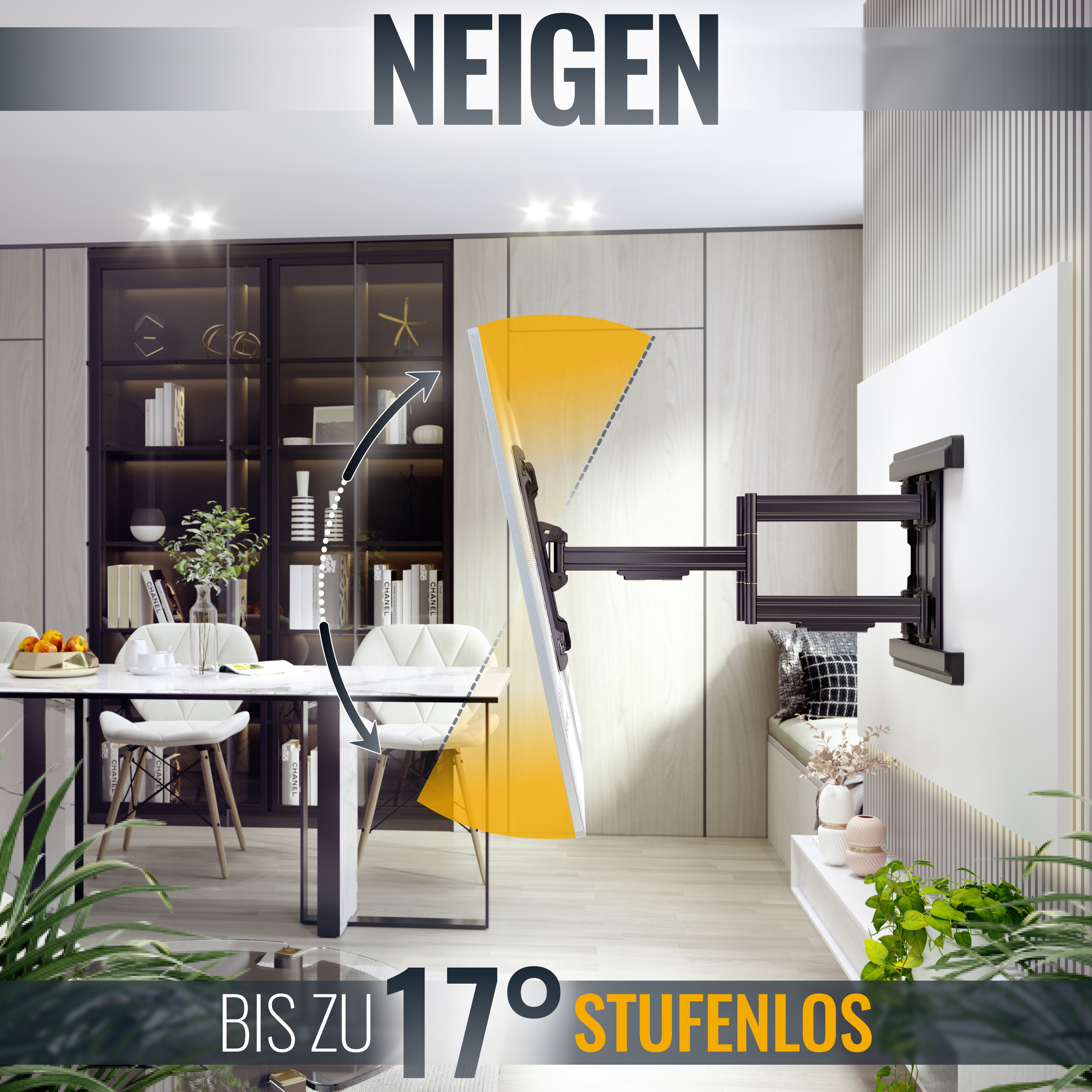 Ein wandmontierter Fernseher mit einem Gelenkarm, mit einem Pfeil, der bis zu 17 Grad Neigung anzeigt.