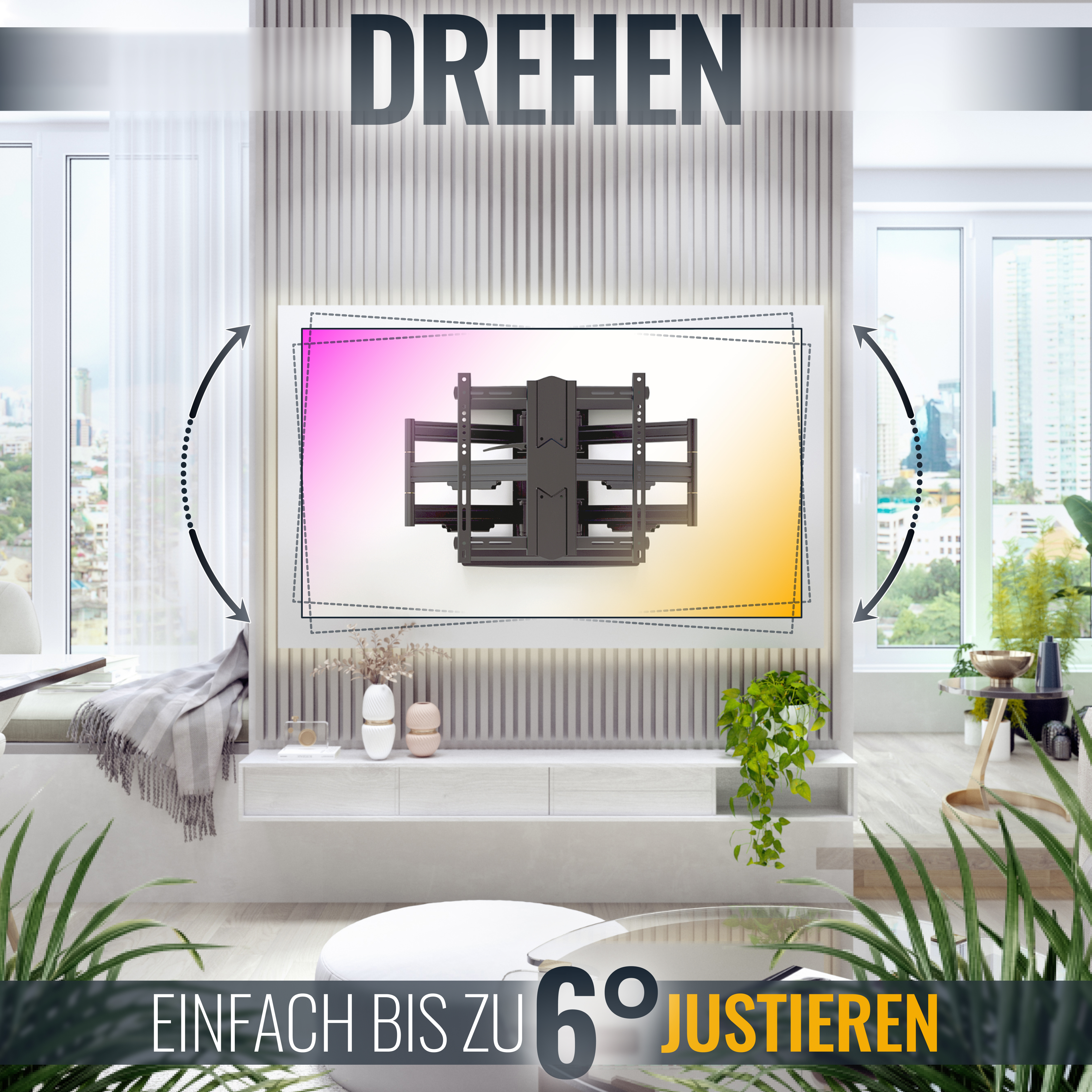 Innenszene mit einem Fernseher an der Wand. Text: Drehen und Einfach bis zu 6° justieren.