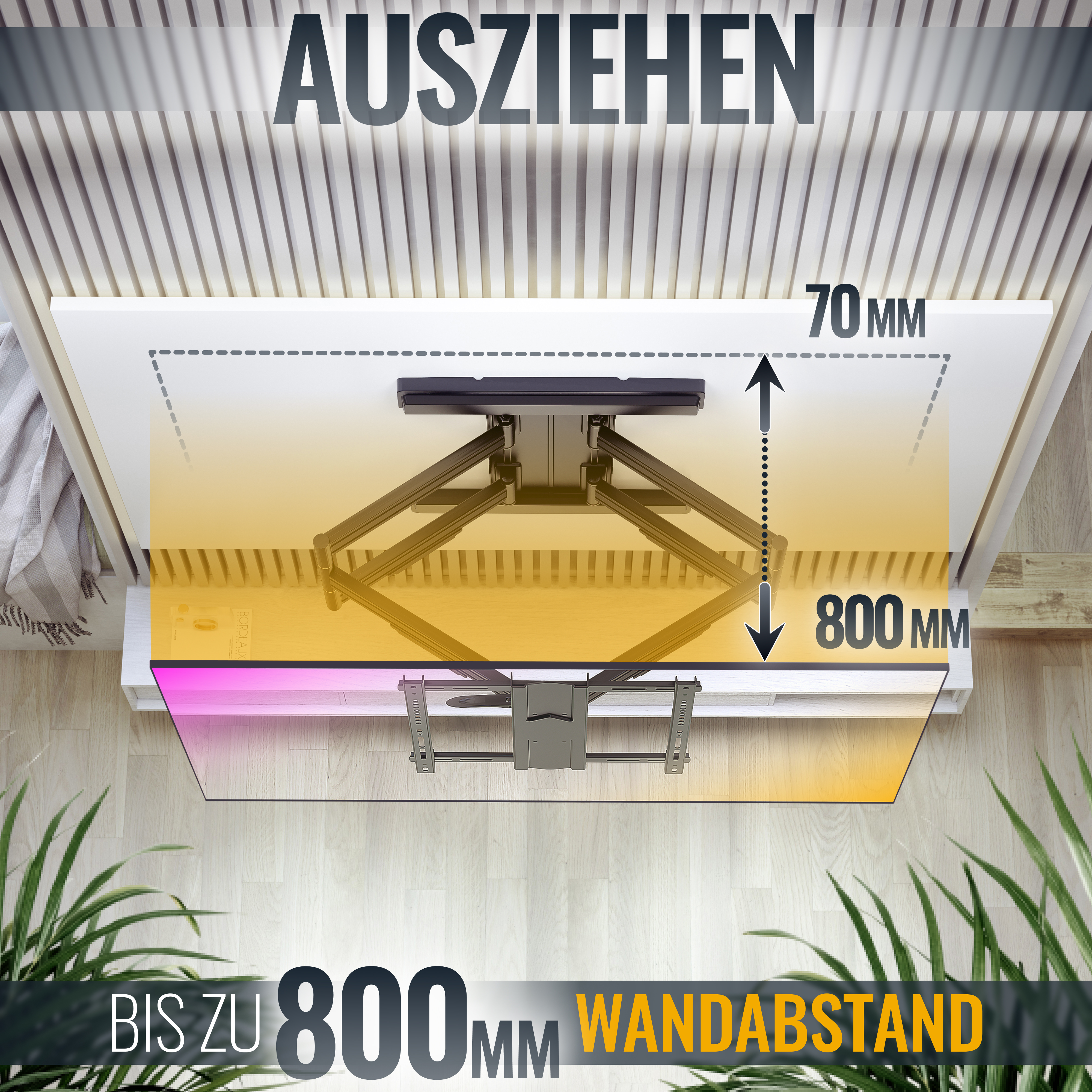 Ein TV-Bildschirm an der Wand mit Maßen und dem Wort AUSZIEHEN.