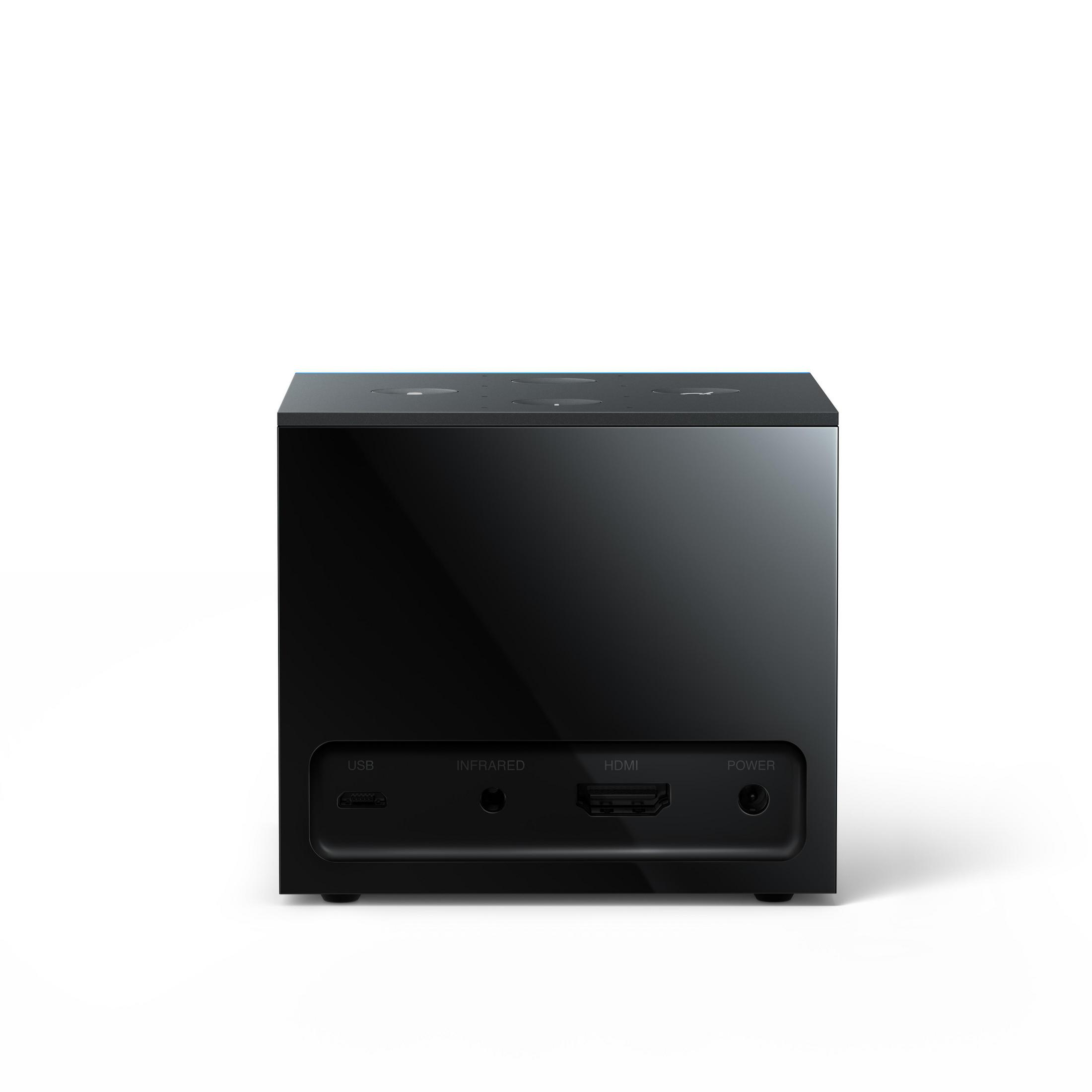Schwarzes, quadratisches Gerät mit den Anschlüssen: USB, Infrarot, HDMI und Power.