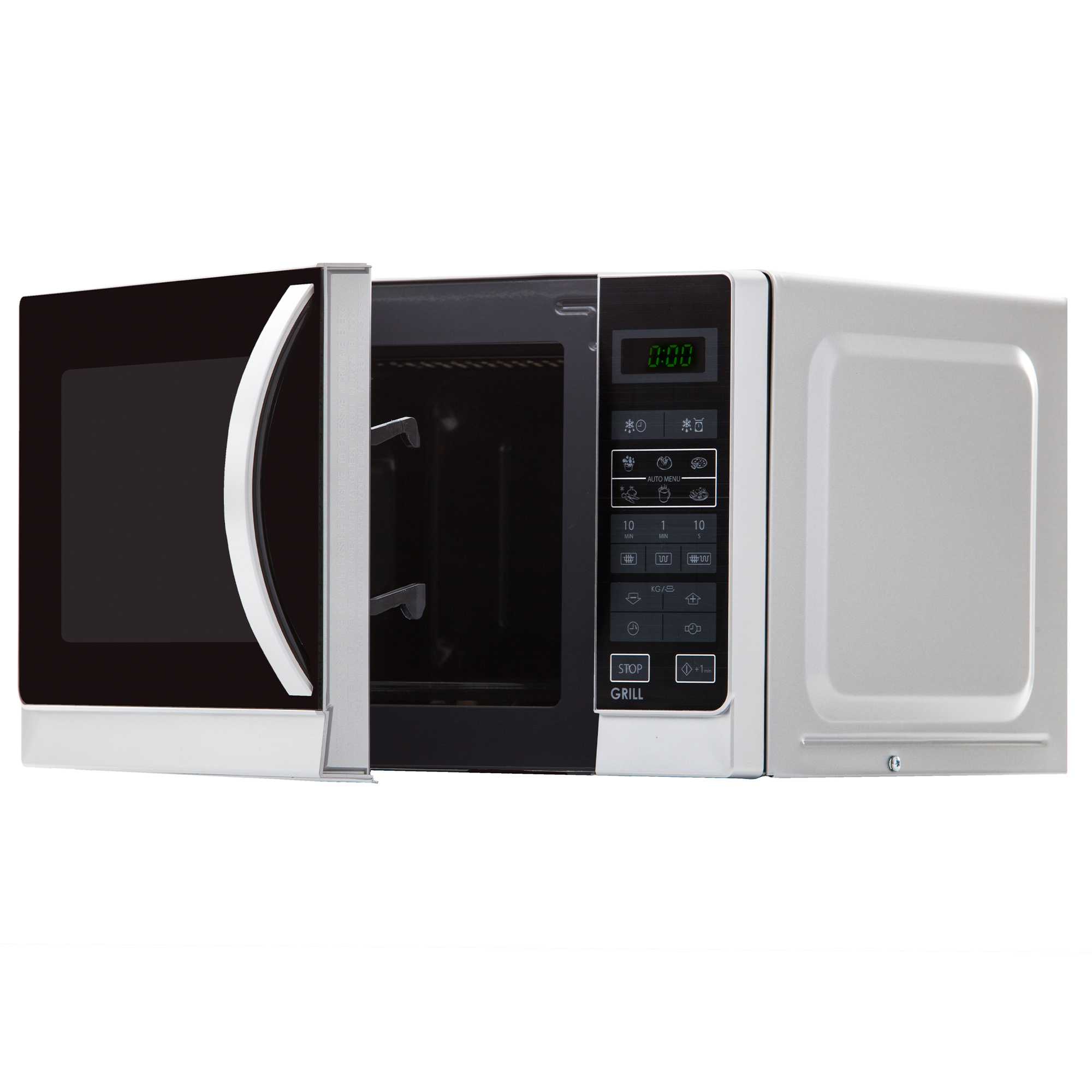 Mikrofalówka z otwartymi drzwiami. Wnętrze czarne, zewnętrzne białe. Wyświetlacz 0:00.