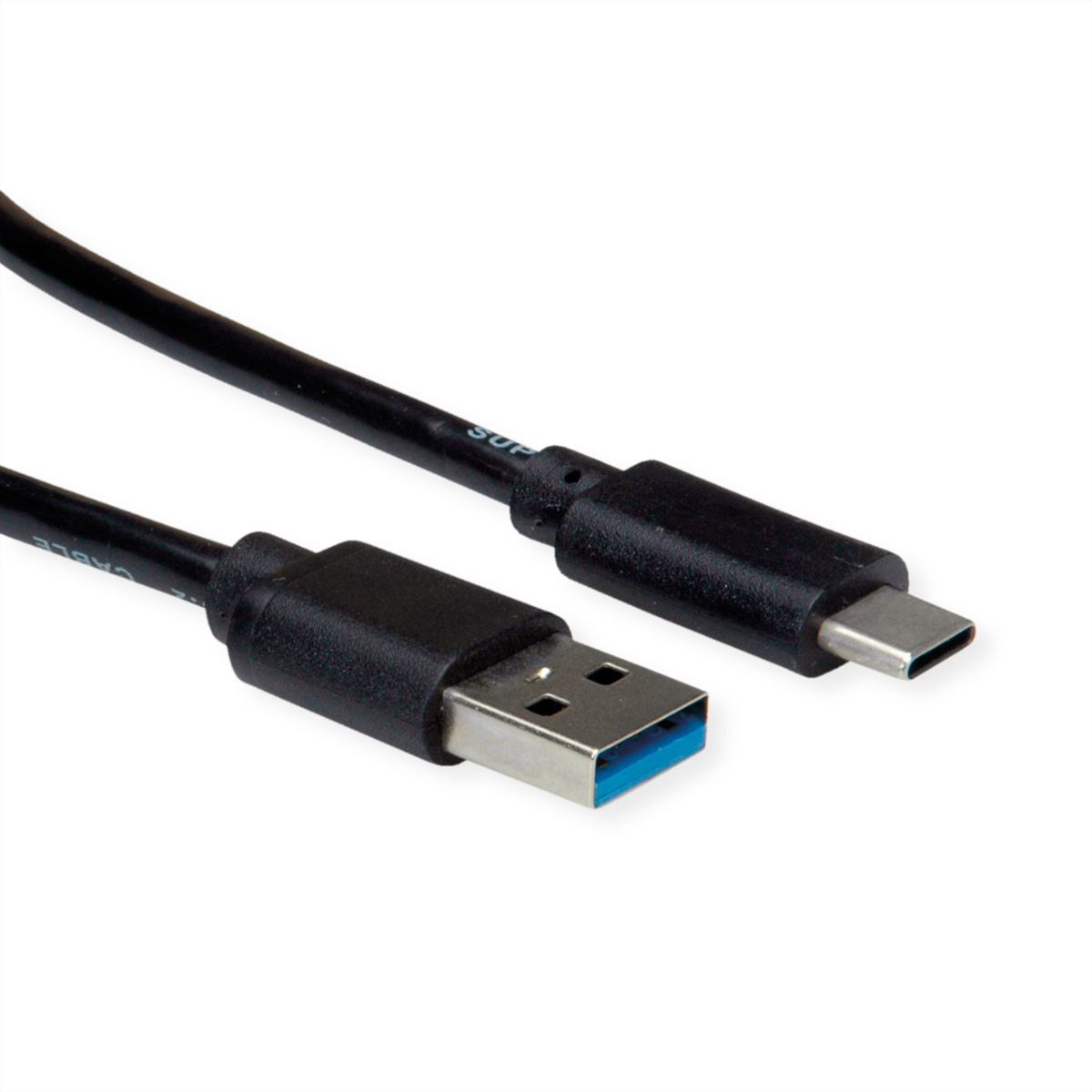 Een zwarte USB-C naar USB-A kabel op een witte ondergrond.