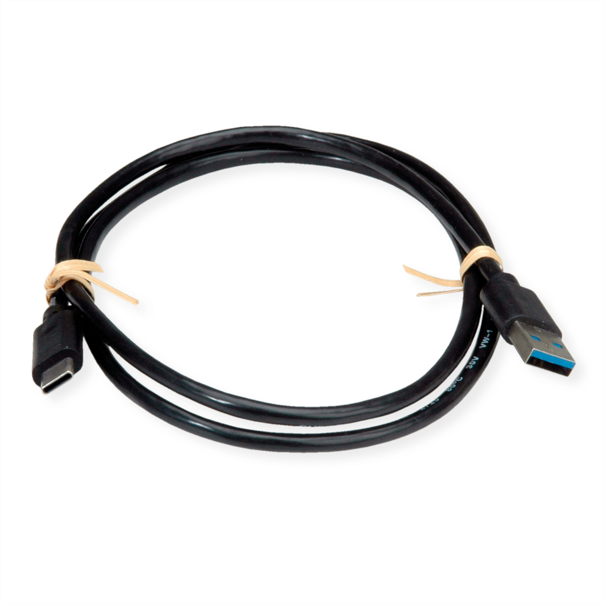 Een zwarte USB-kabel, met een USB-A- en een USB-C-connector, bij elkaar gehouden door een elastiekje.