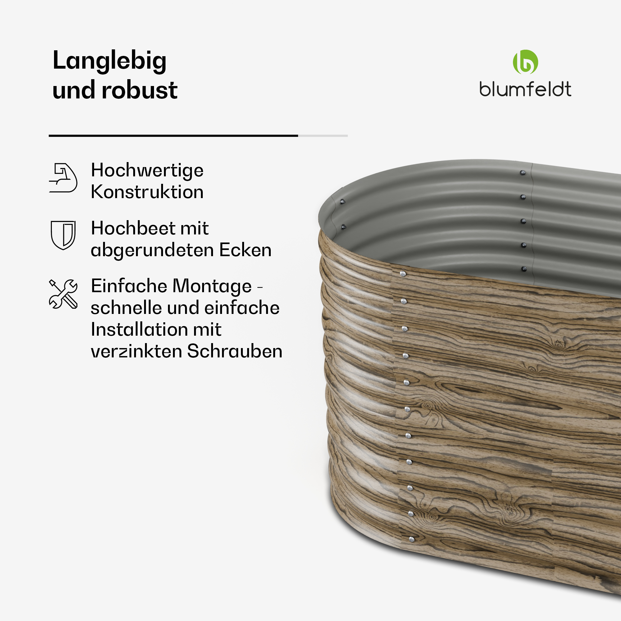 Hochbeet mit Text über Haltbarkeit und Eigenschaften. Holzähnliche Textur und silberne Details.