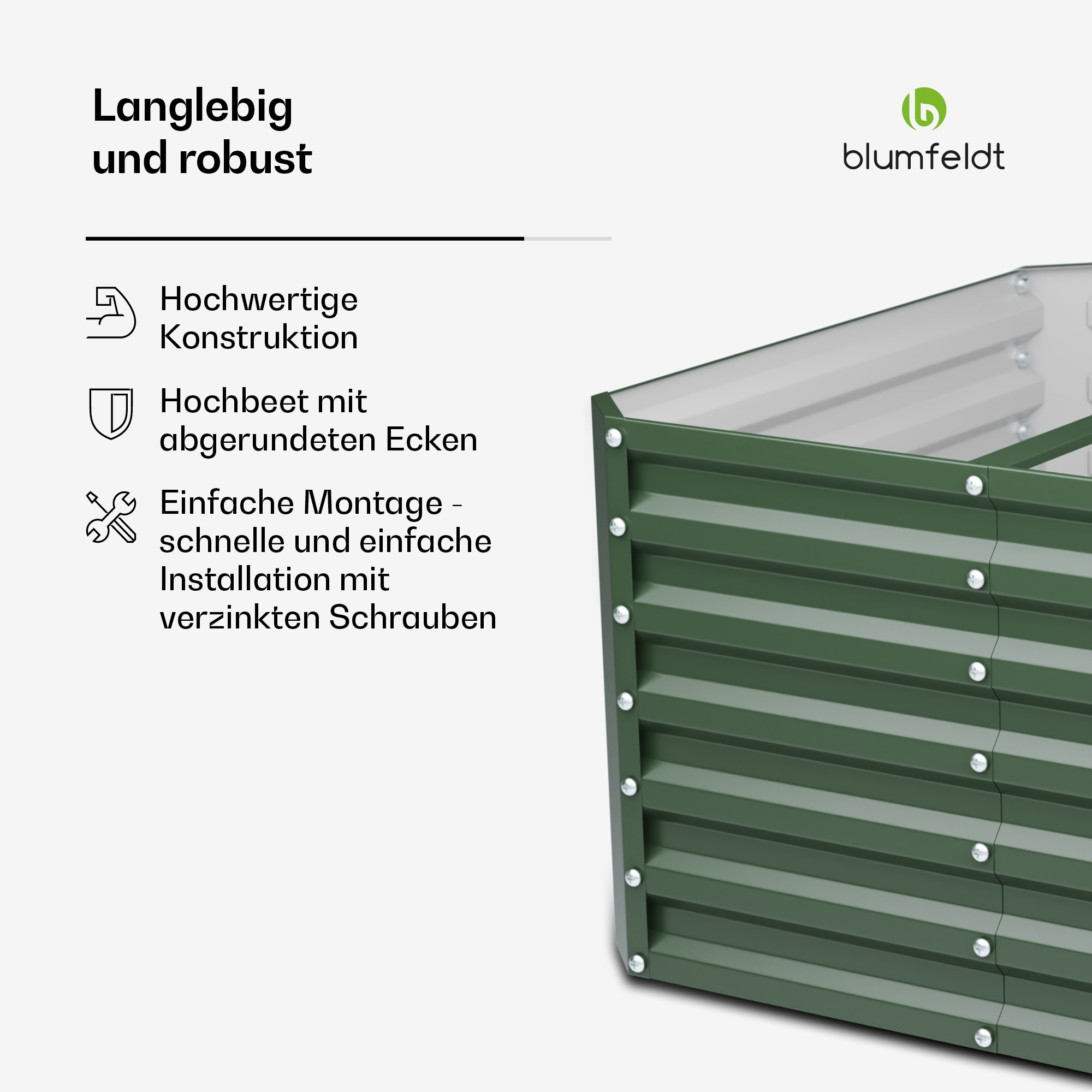 Grünes Metall-Hochbeet mit Text, der die robuste Konstruktion und einfache Montage beschreibt.