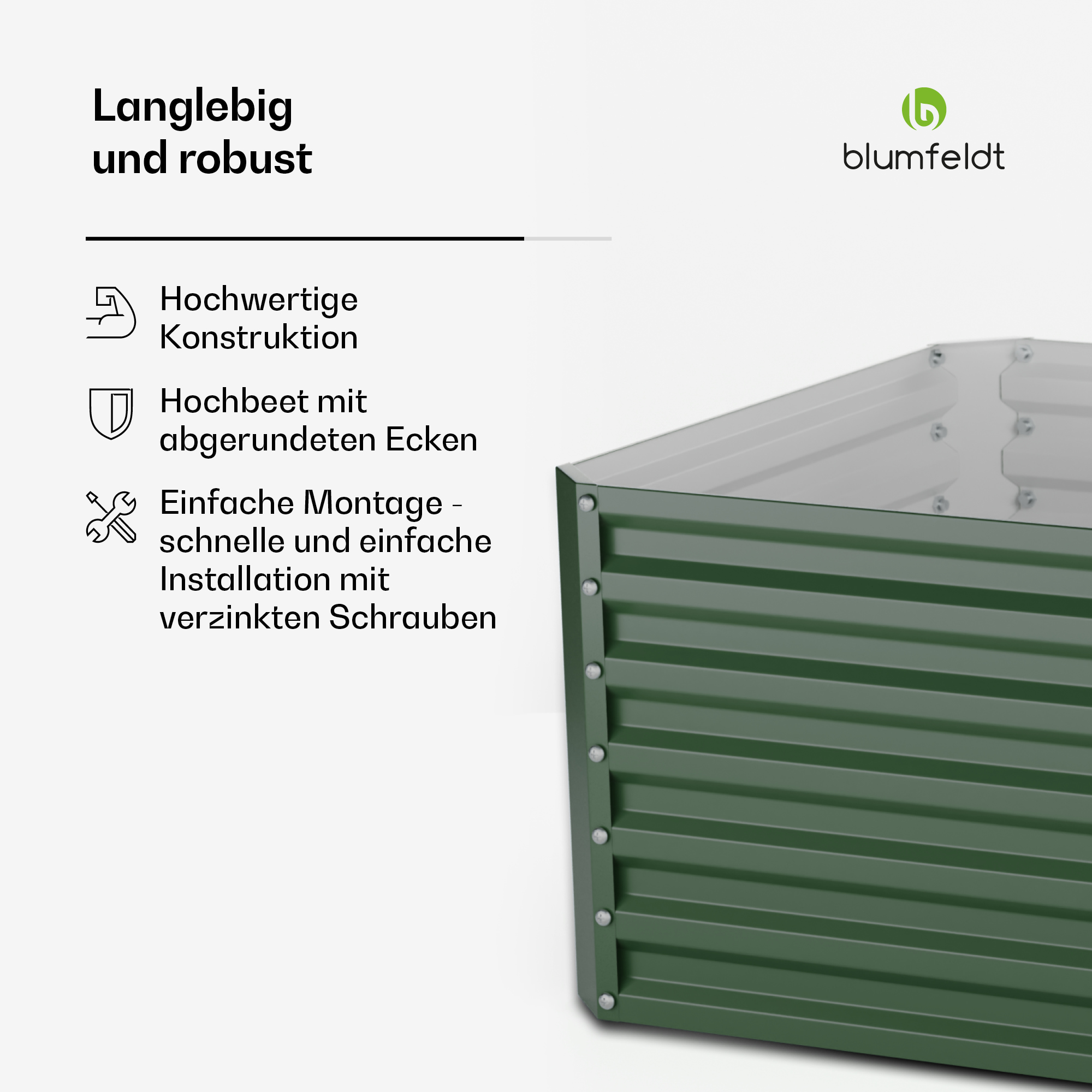 Grünes Metall-Gartenbeet. Text beschreibt Eigenschaften. Weißer Hintergrund.